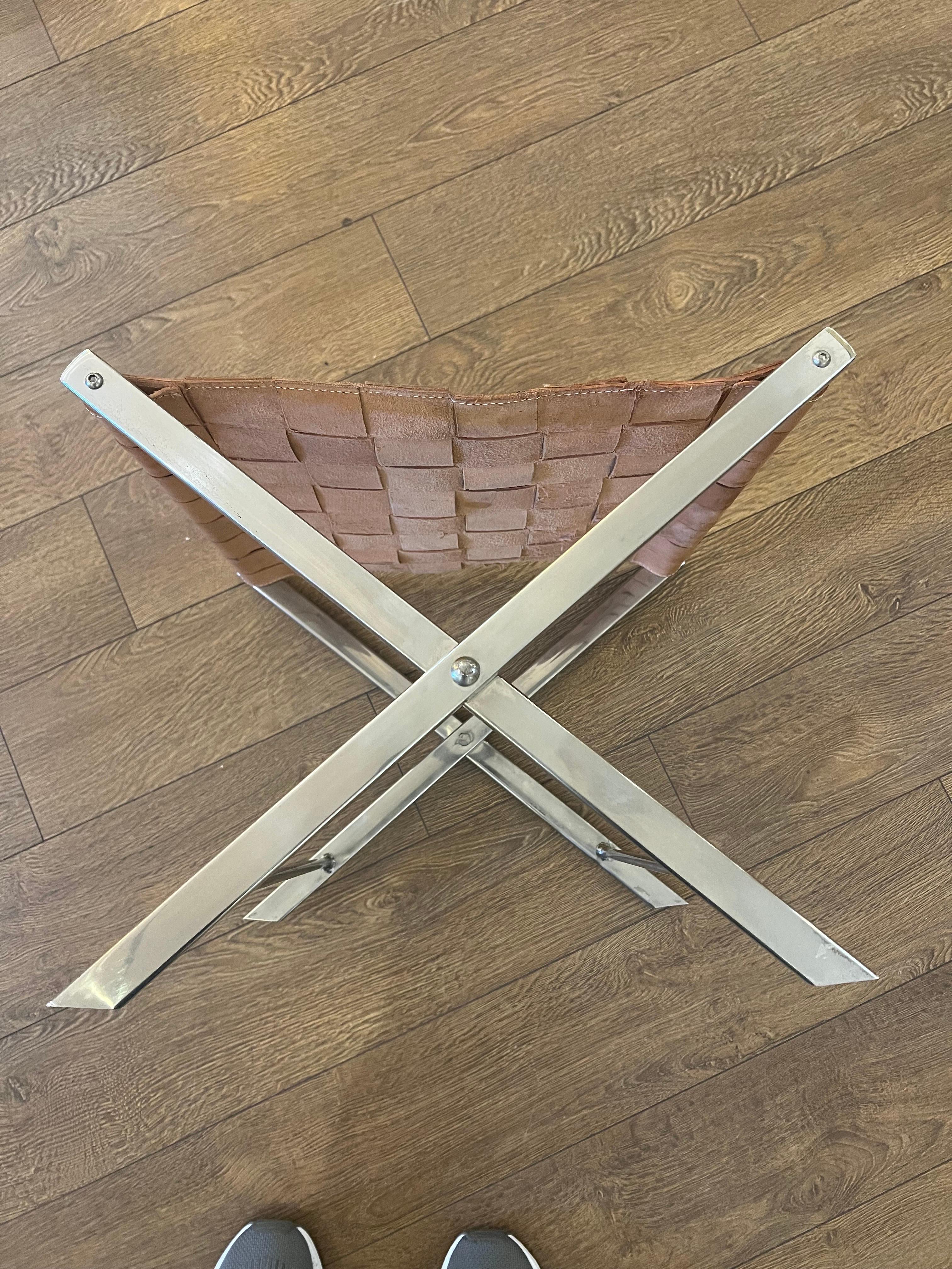 Italian Stainless Steel & Leather Campaign Style Folding Stool 2