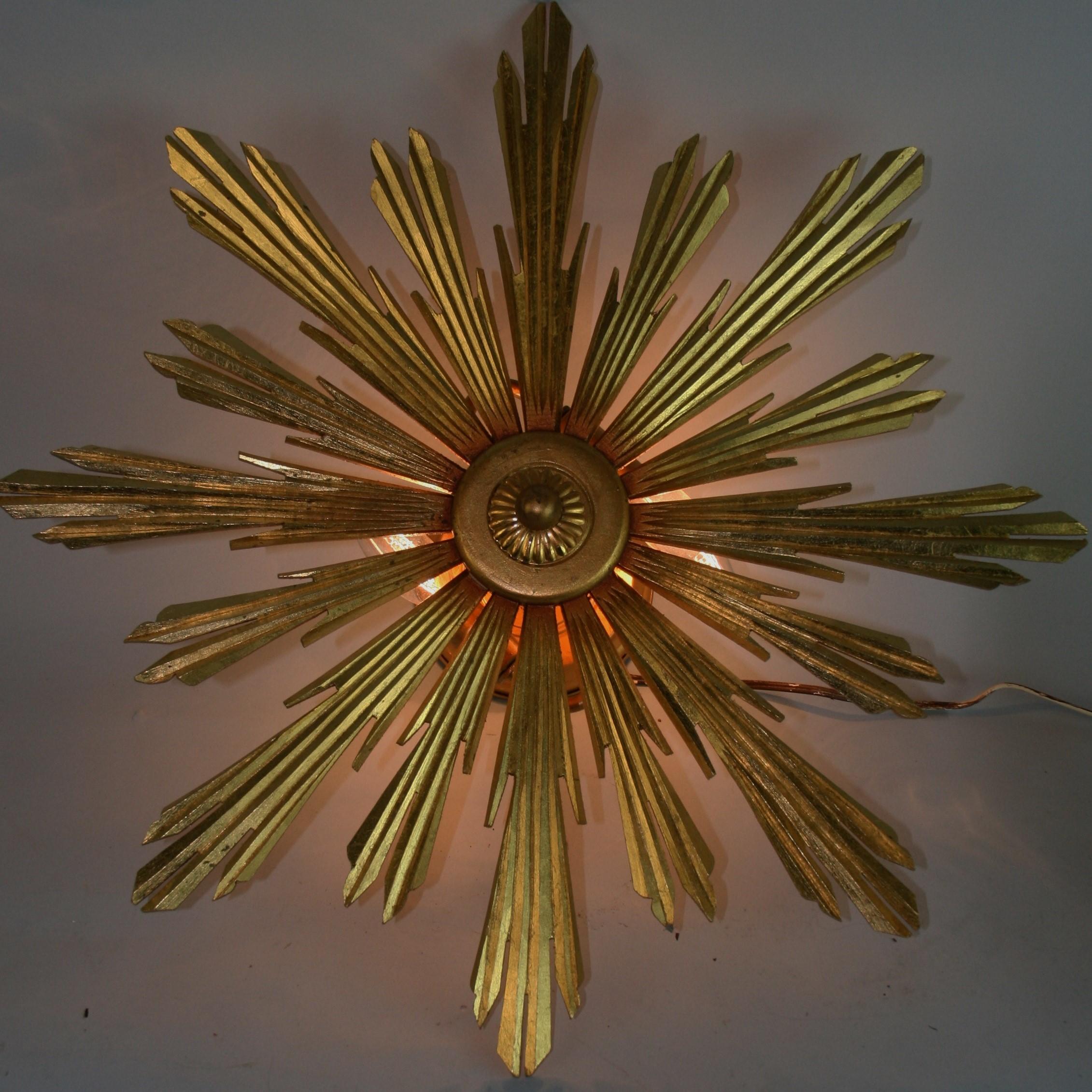 Italian Star Gilt Wood Flush Mount by Bernardi 1970's Pair Available 6