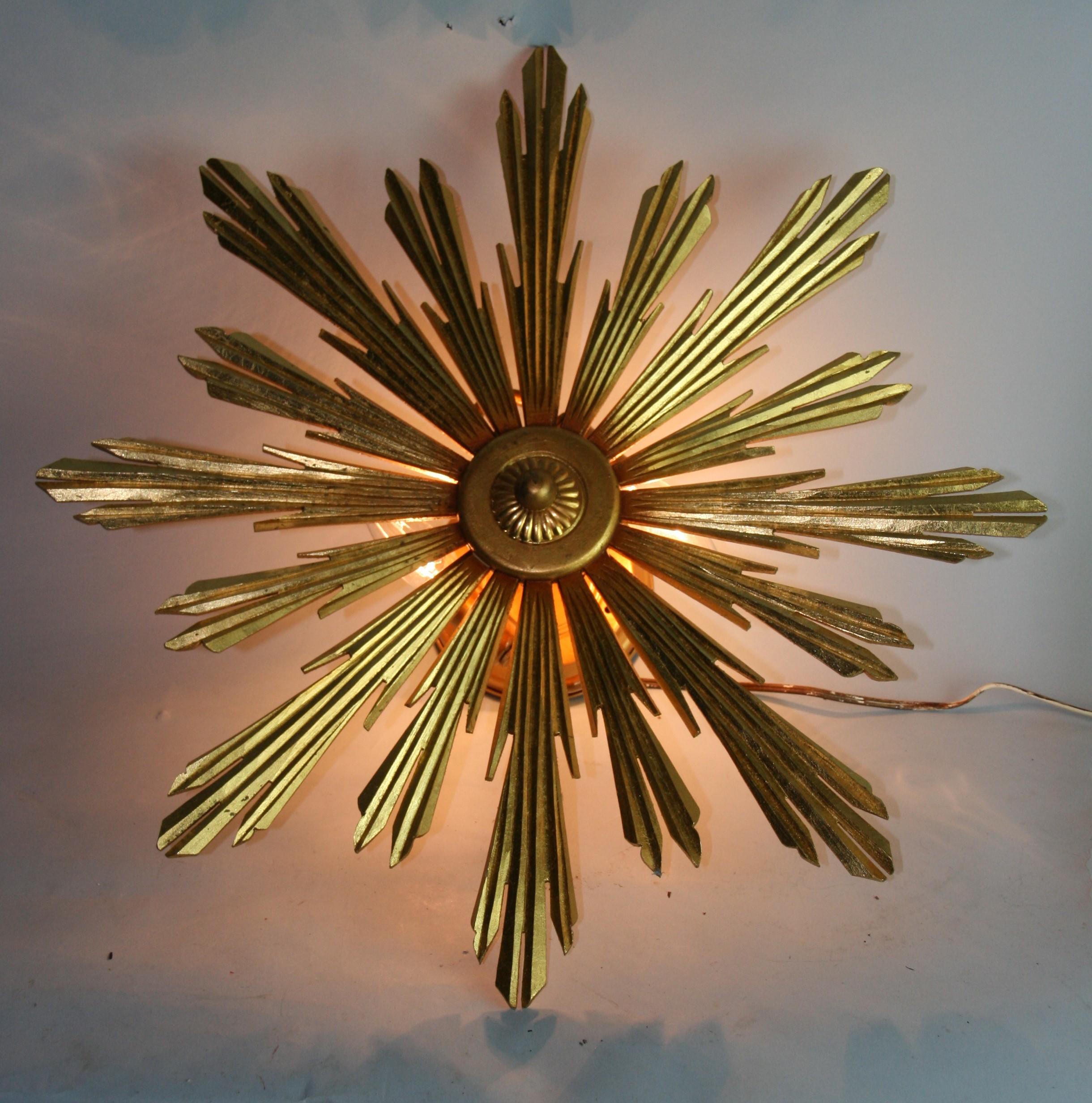 Italian Star Gilt Wood Flush Mount by Bernardi 1970's Pair Available 9