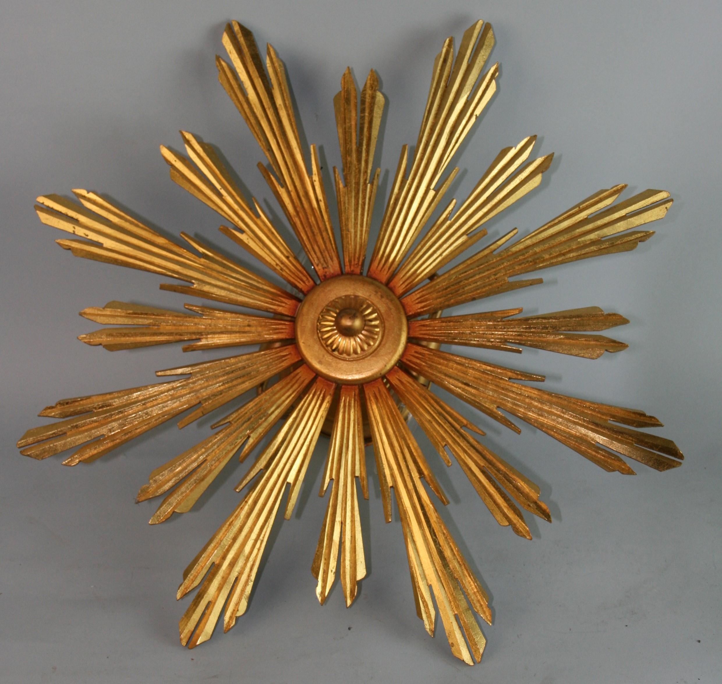 Italian Star Gilt Wood Flush Mount by Bernardi 1970's Pair Available In Good Condition In Douglas Manor, NY