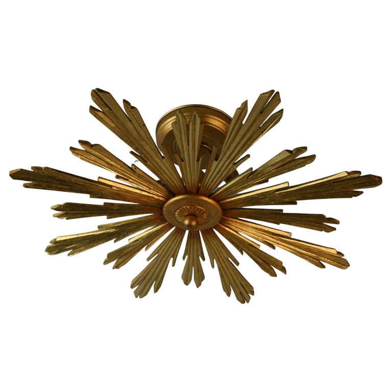 Plafonnier Ancien 3 Lumières – Métal Doré, Feuilles D'acanthe Et Verre Dépoli