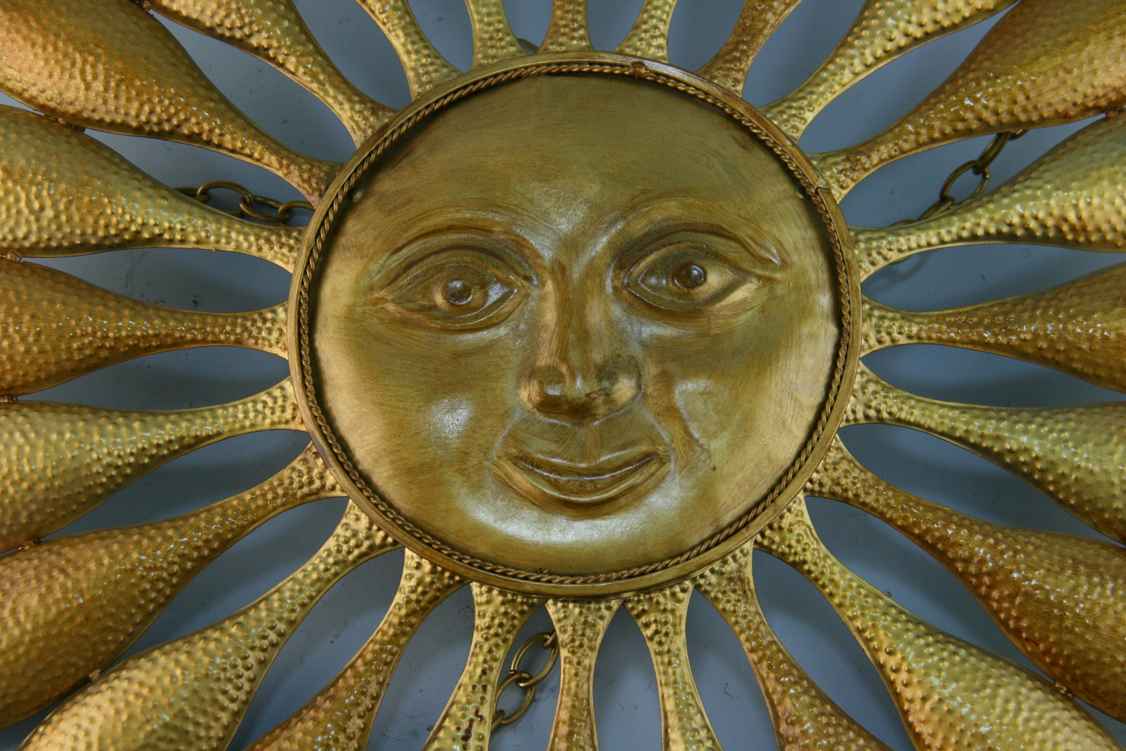 Mid-20th Century Italian Gilt Foliate Sun Face Hanging Chandelier