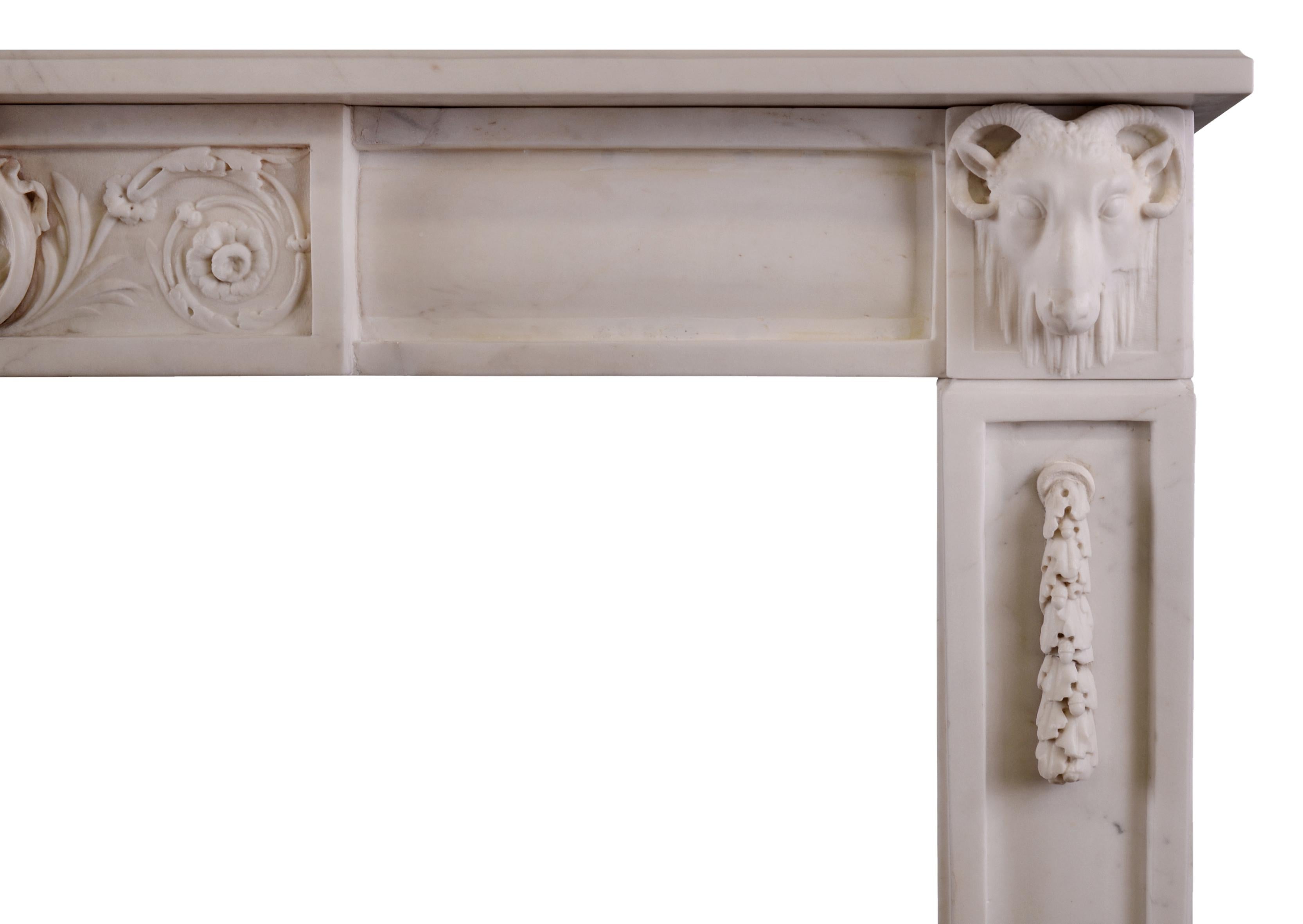 Louis XVI Italian Statuario Marble Fireplace with Carved Rams Heads For Sale
