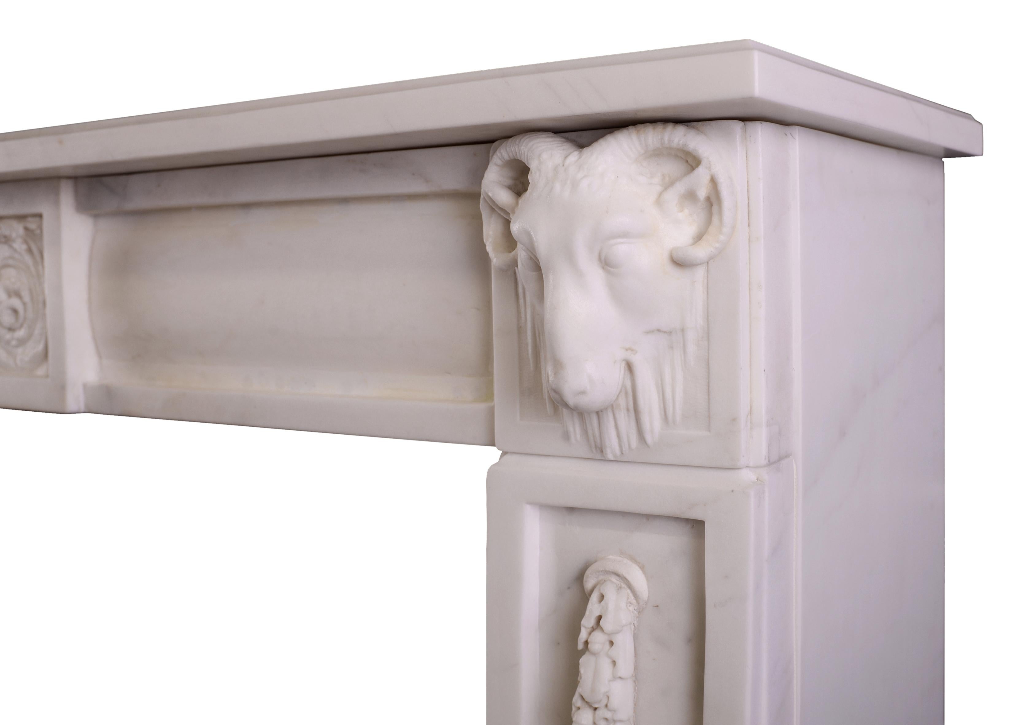 French Italian Statuario Marble Fireplace with Carved Rams Heads For Sale