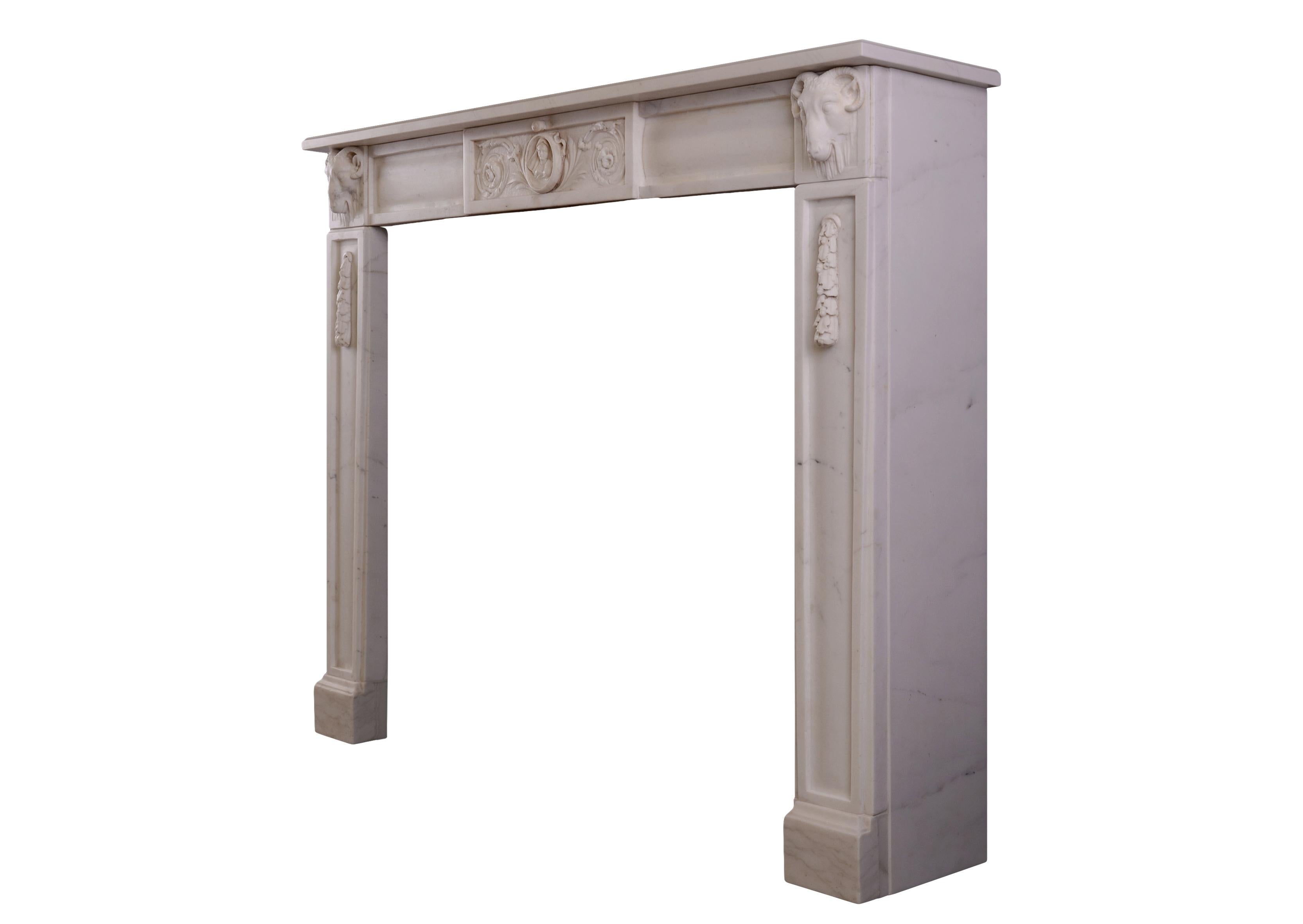 Italian Statuario Marble Fireplace with Carved Rams Heads In Good Condition For Sale In London, GB