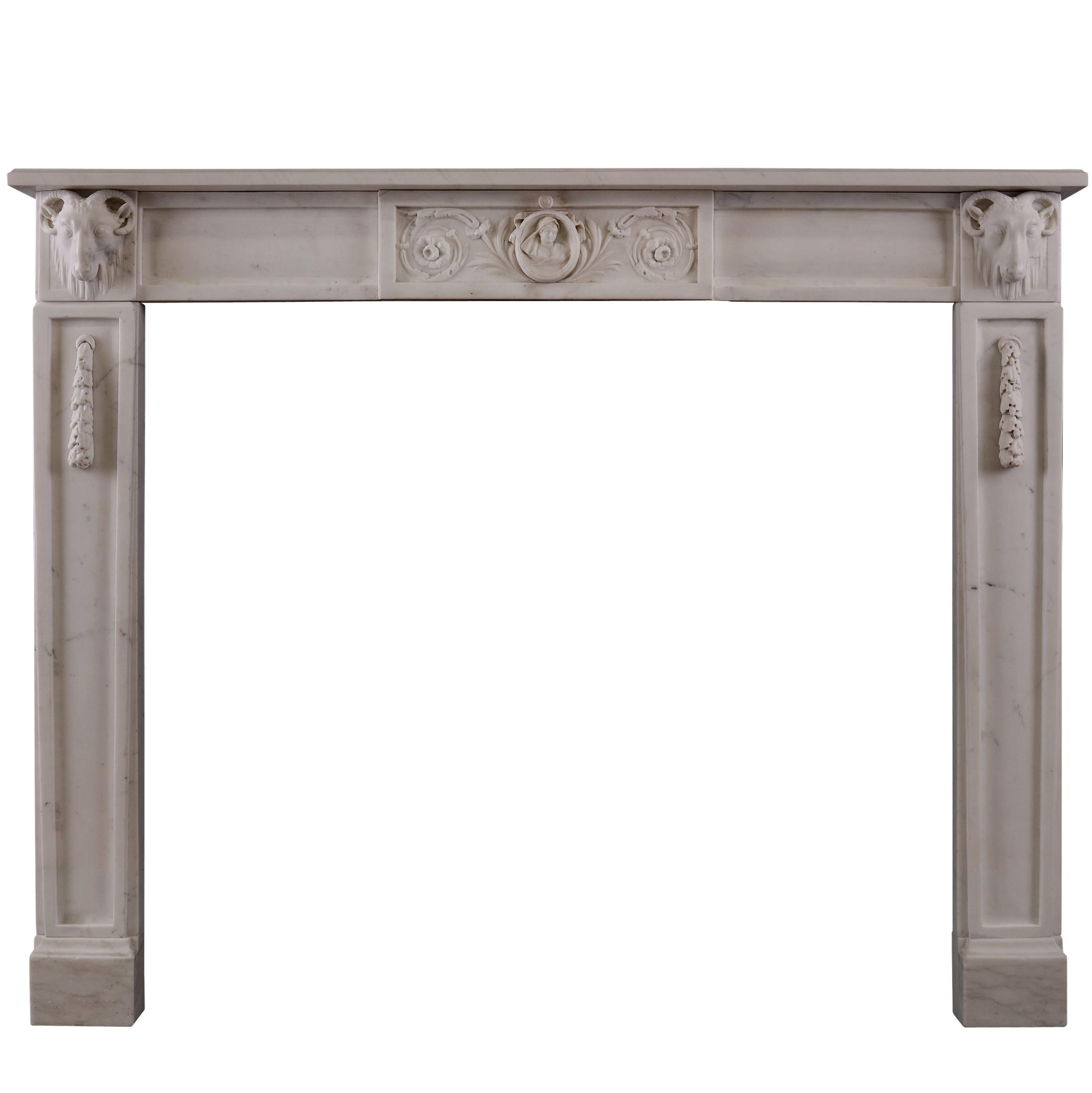 Italian Statuario Marble Fireplace with Carved Rams Heads For Sale