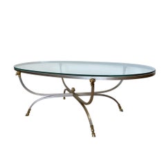 Italian Steel and Brass Rams Head Oval Coffee Table, 1960s