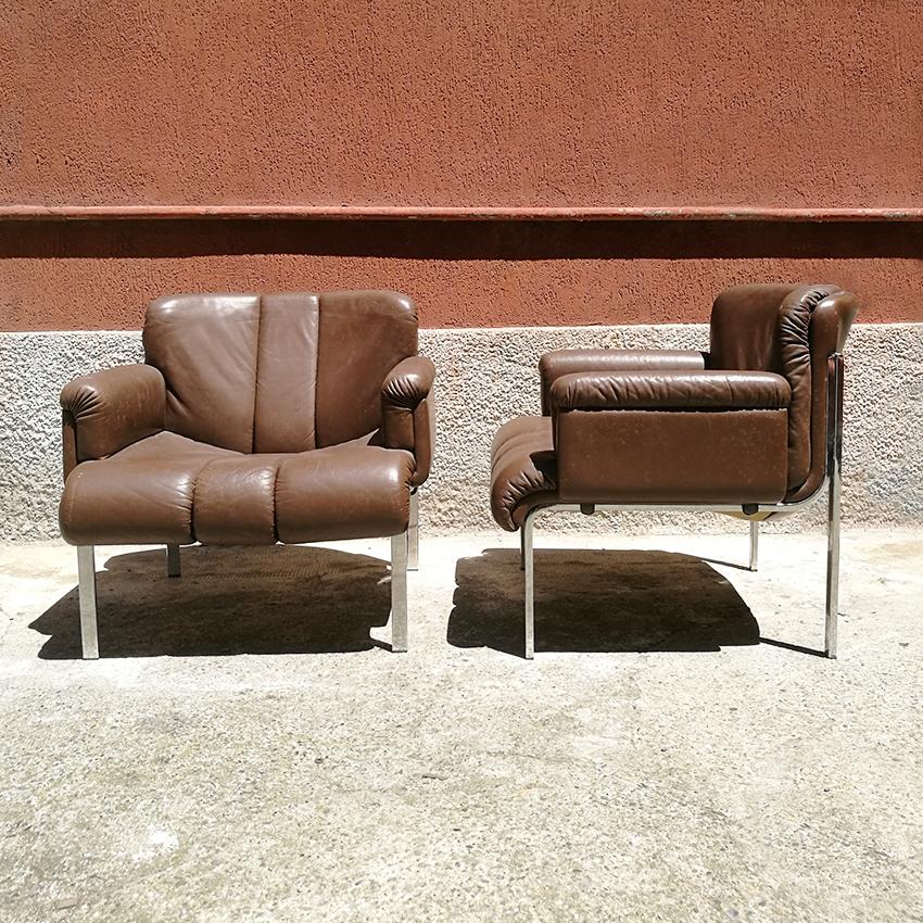 Space Age Italian mid-century modern steel and Brown Leather Armchairs, 1970s