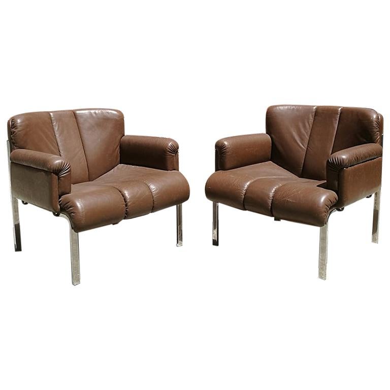 Italian mid-century modern steel and Brown Leather Armchairs, 1970s