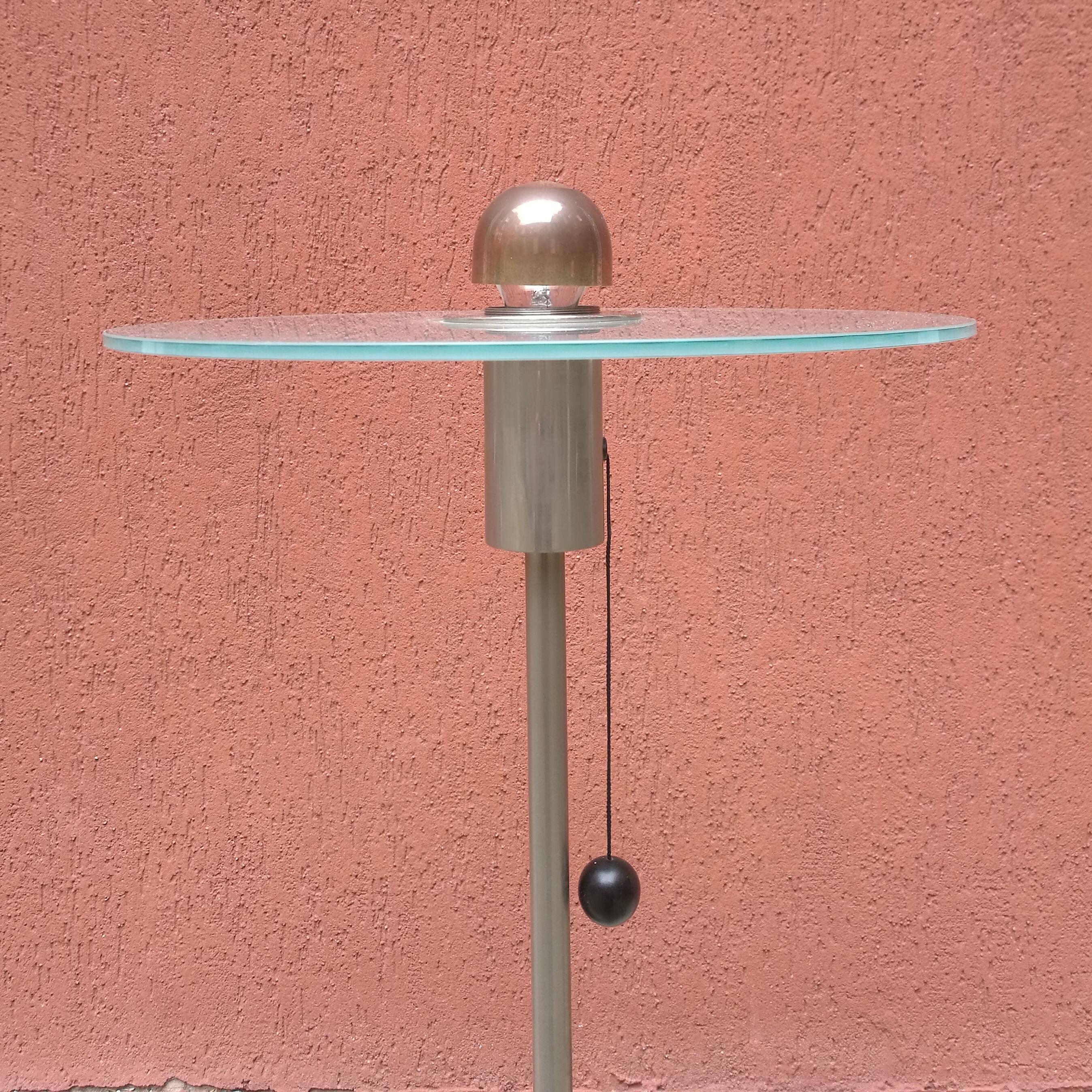 Italian steel and glass floor lamp mod. BST23 by Gyula Pap for Tecnolumen, 1923
Floor lamp mod. BST23, with satin-finish steel structure and circular glass shade and with a small copper-perforated bell that rests on the bulb and allows directing the