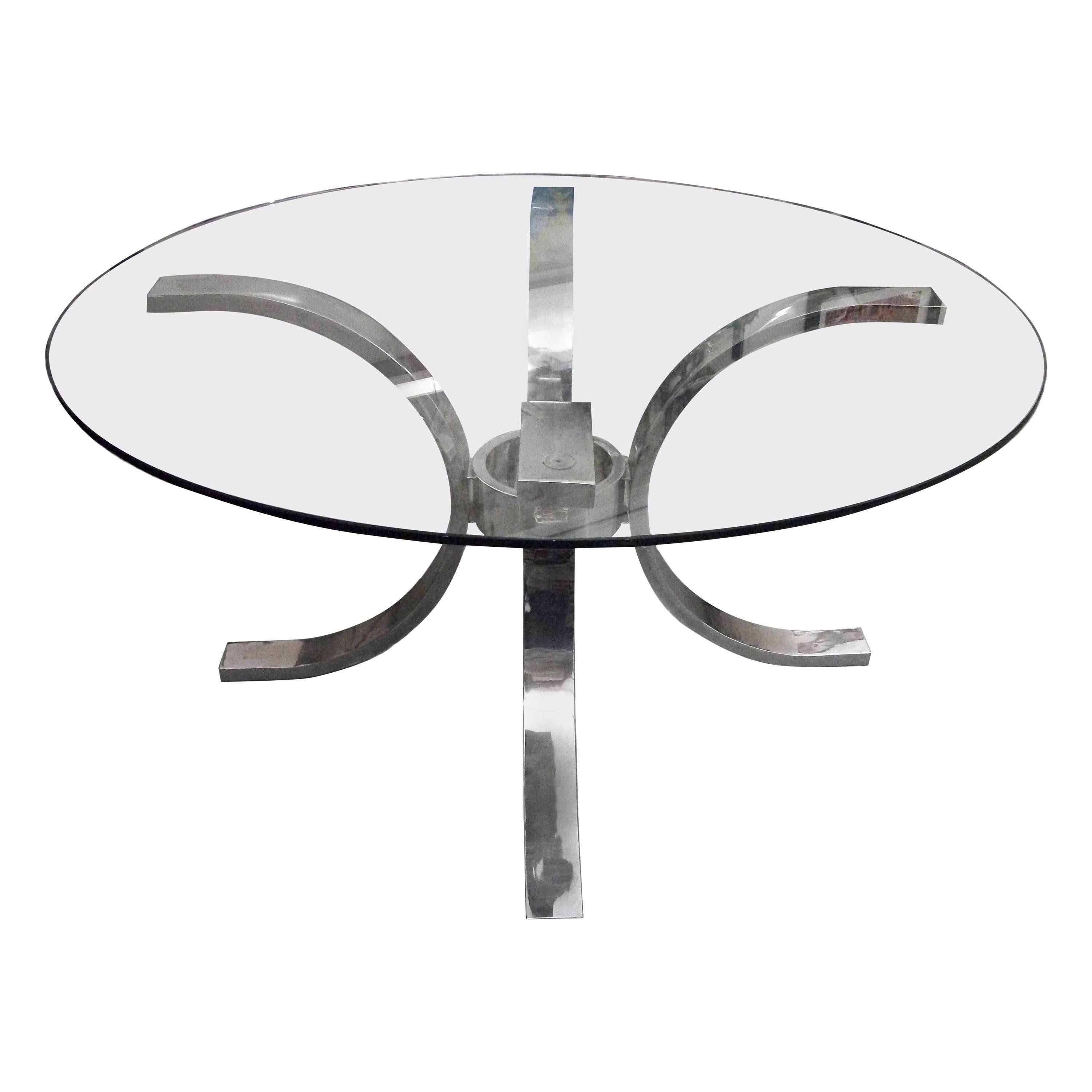 Italian Steel and Glass Round Table, 1970s, in the Manner of Osvaldo Borsani