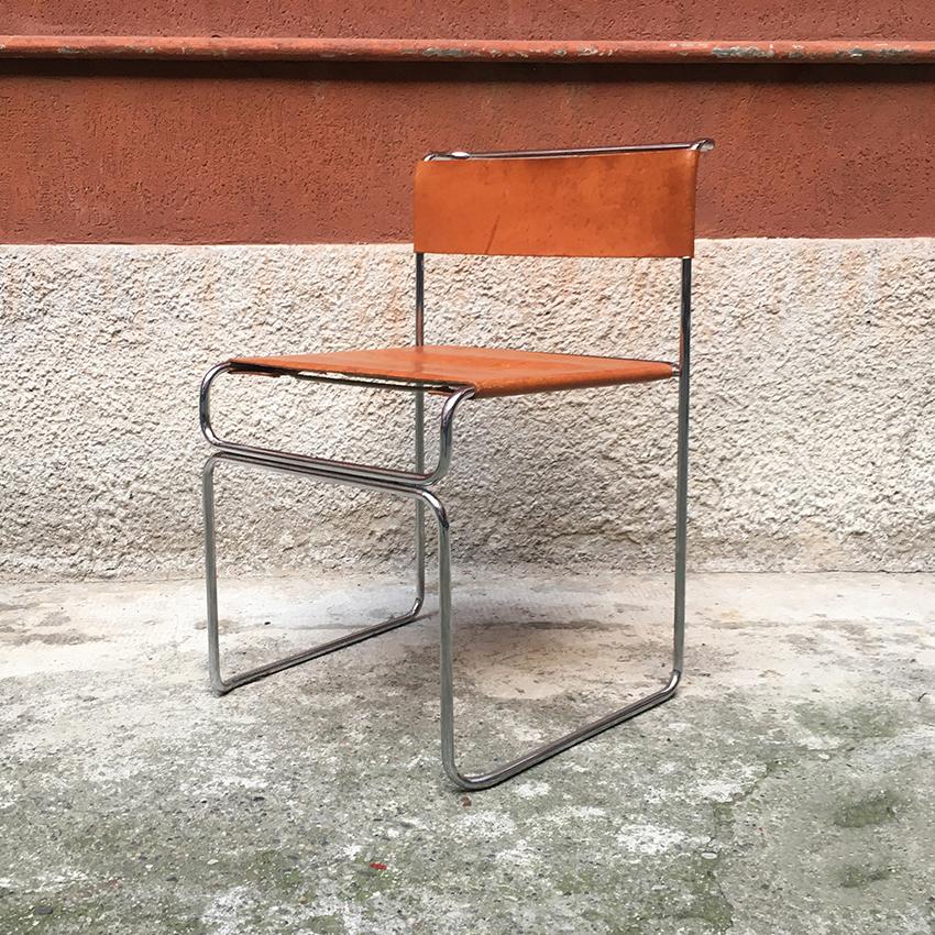 Italian steel and leather Libellula chair, designed by Giovanni Carini in 1970. Libellula chair, with chromed steel structure and seat and back in cognac leather, designed by Giovanni Carini and produced by Planula, 1970.