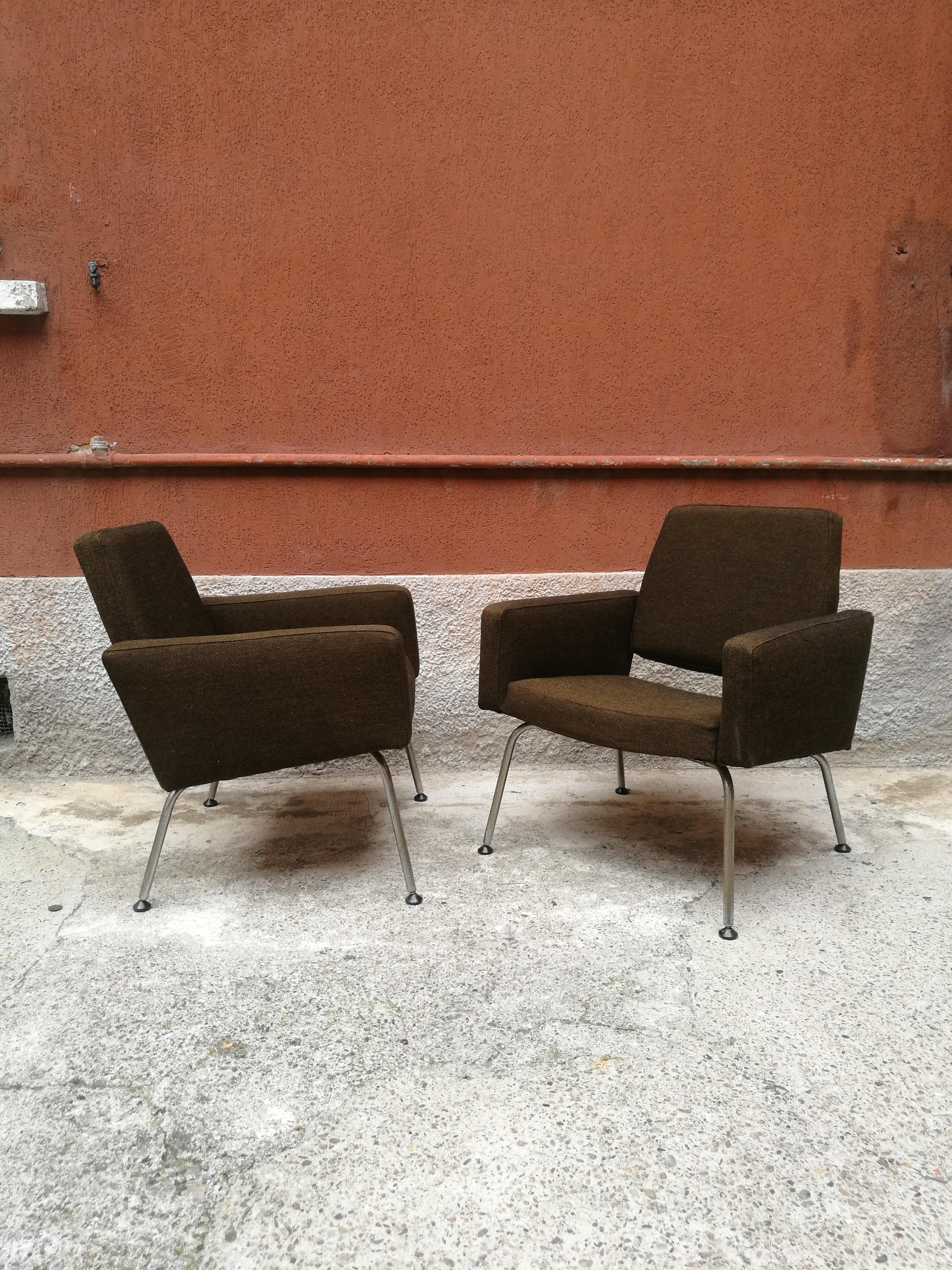 Mid-Century Modern Italian Steel and Original Fabric Armchairs, 1960s For Sale