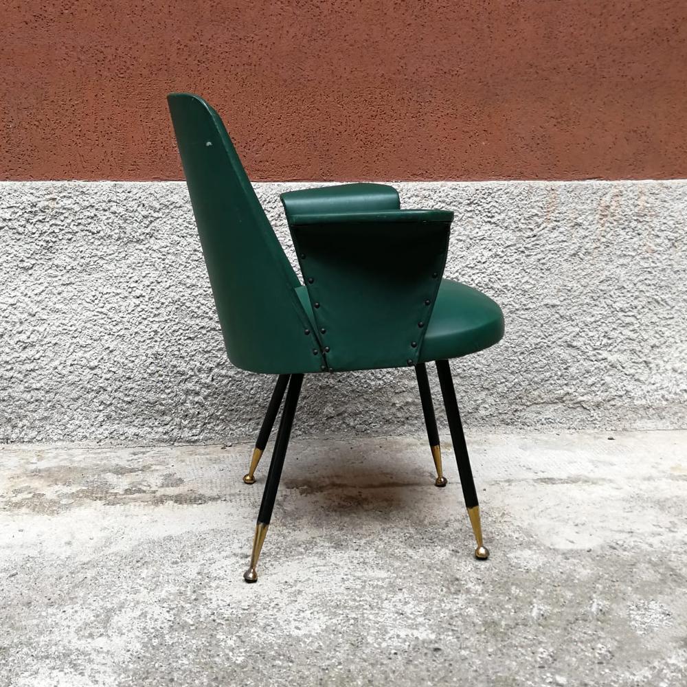 Mid-Century Modern Italian Steel, Brass and Green Faux Leather Armchair, 1950s