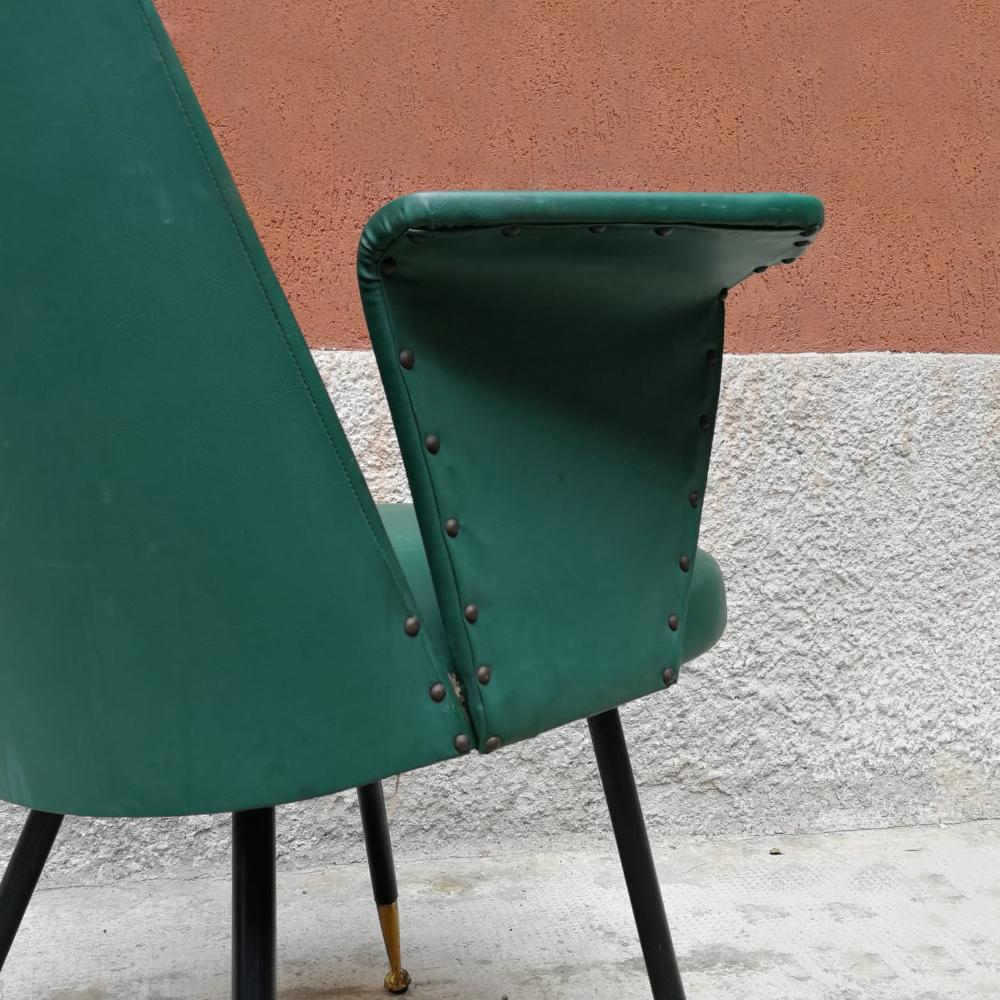 Mid-20th Century Italian Steel, Brass and Green Faux Leather Armchair, 1950s