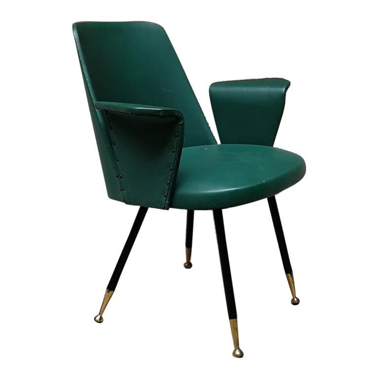 Italian Steel, Brass and Green Faux Leather Armchair, 1950s