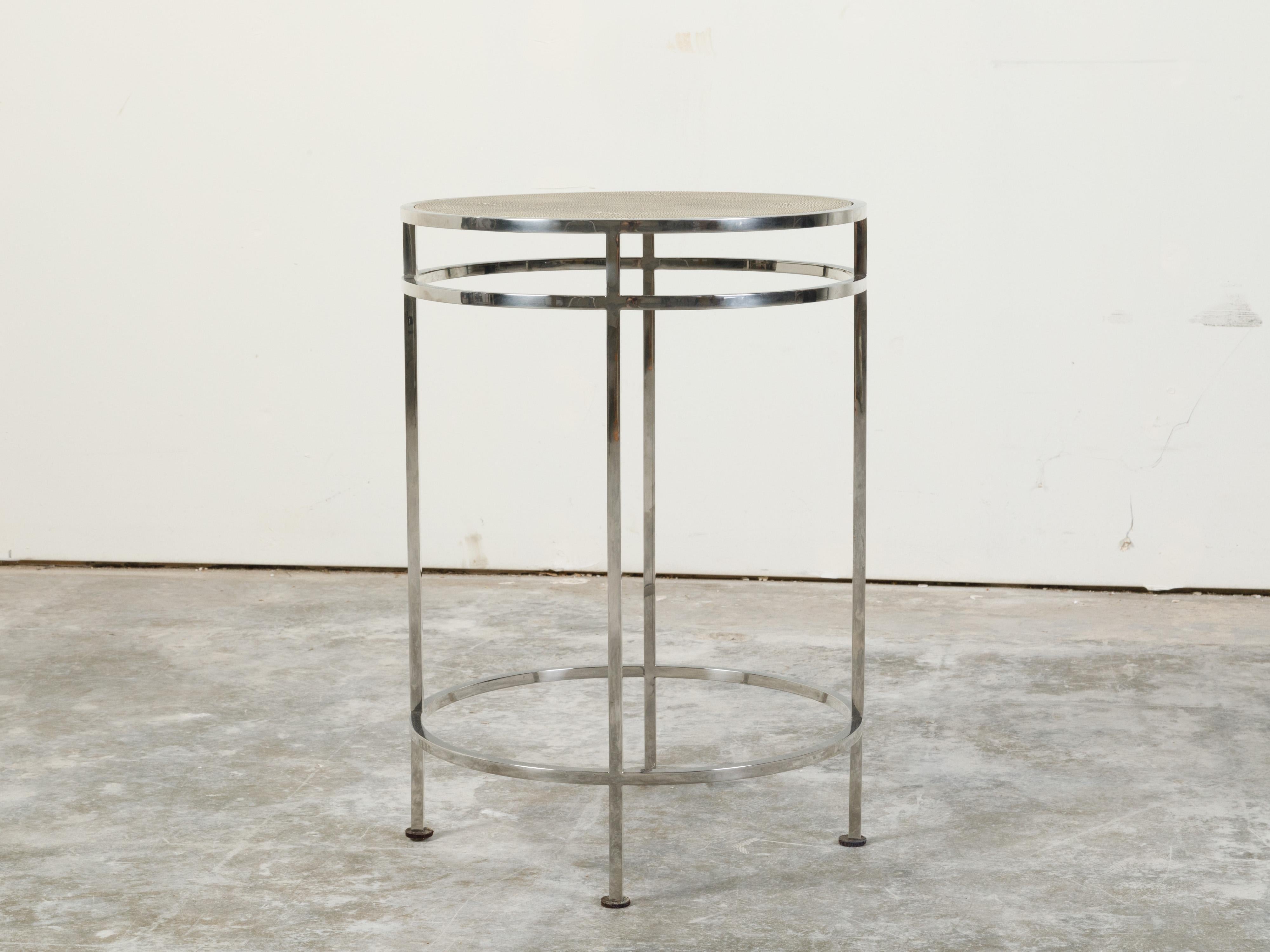 Mid-Century Modern Italian Steel Side Table with Shagreen Covered Top and Circular Stretchers For Sale