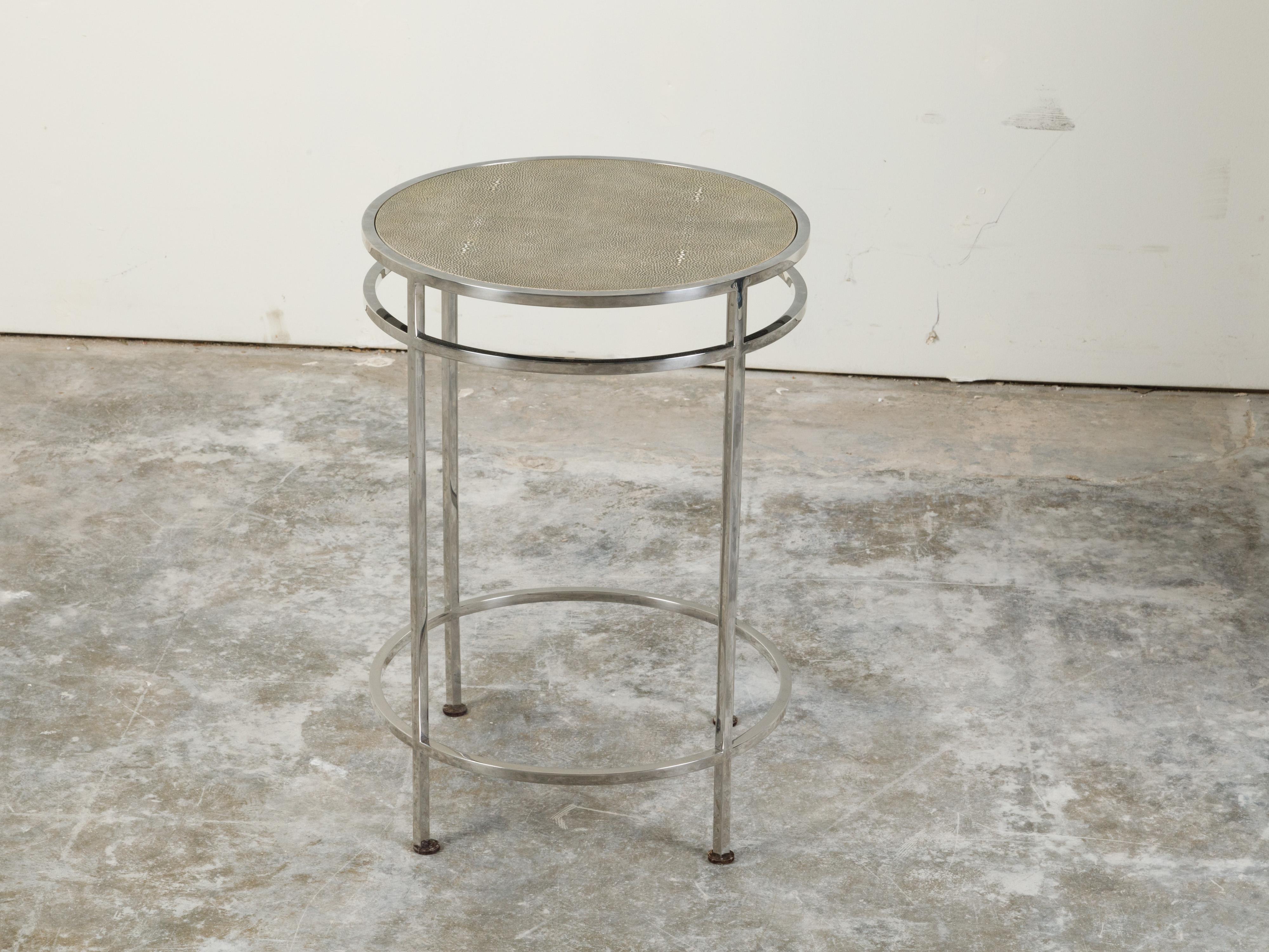 Italian Steel Side Table with Shagreen Covered Top and Circular Stretchers In Good Condition For Sale In Atlanta, GA
