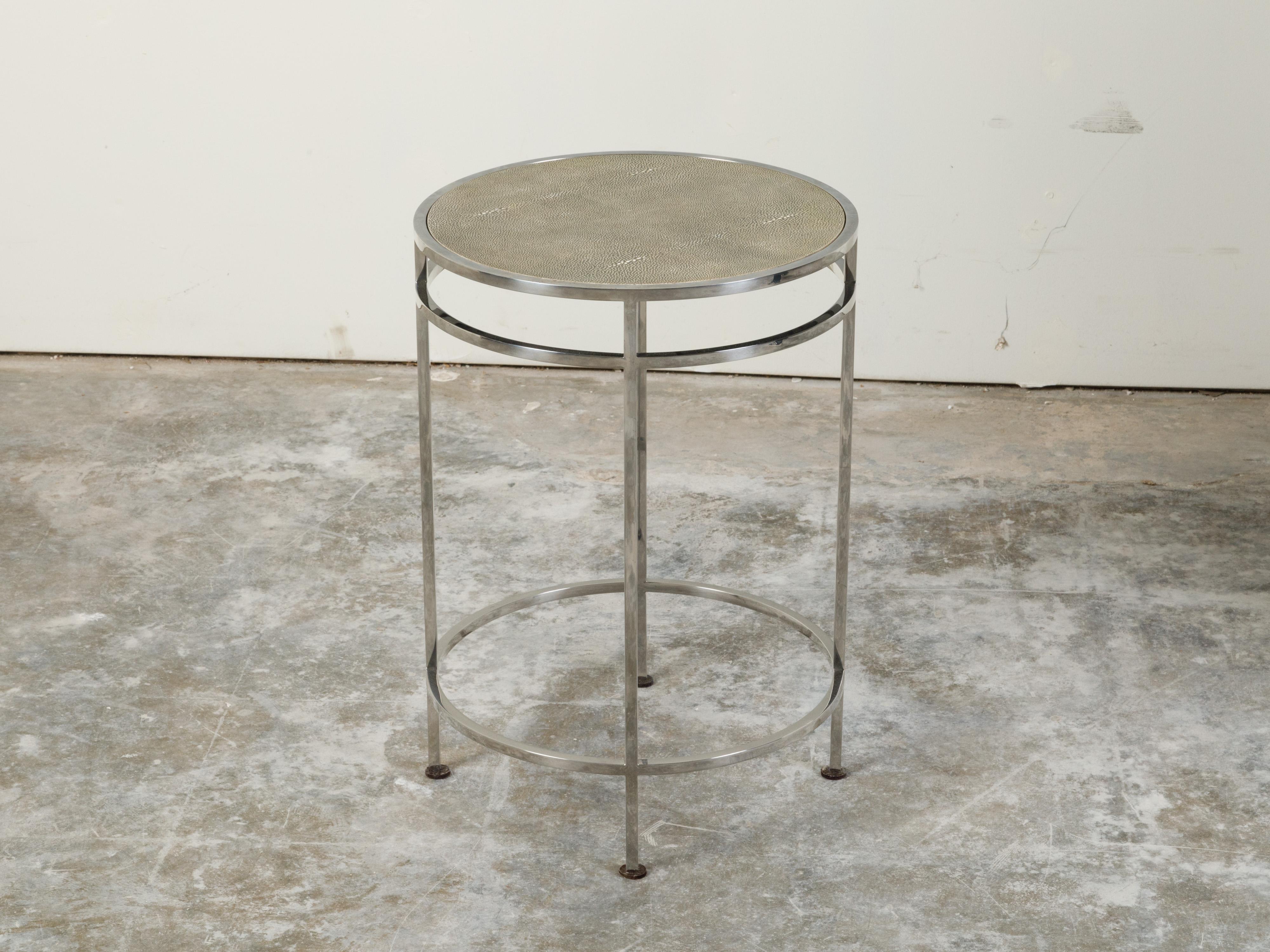 20th Century Italian Steel Side Table with Shagreen Covered Top and Circular Stretchers For Sale