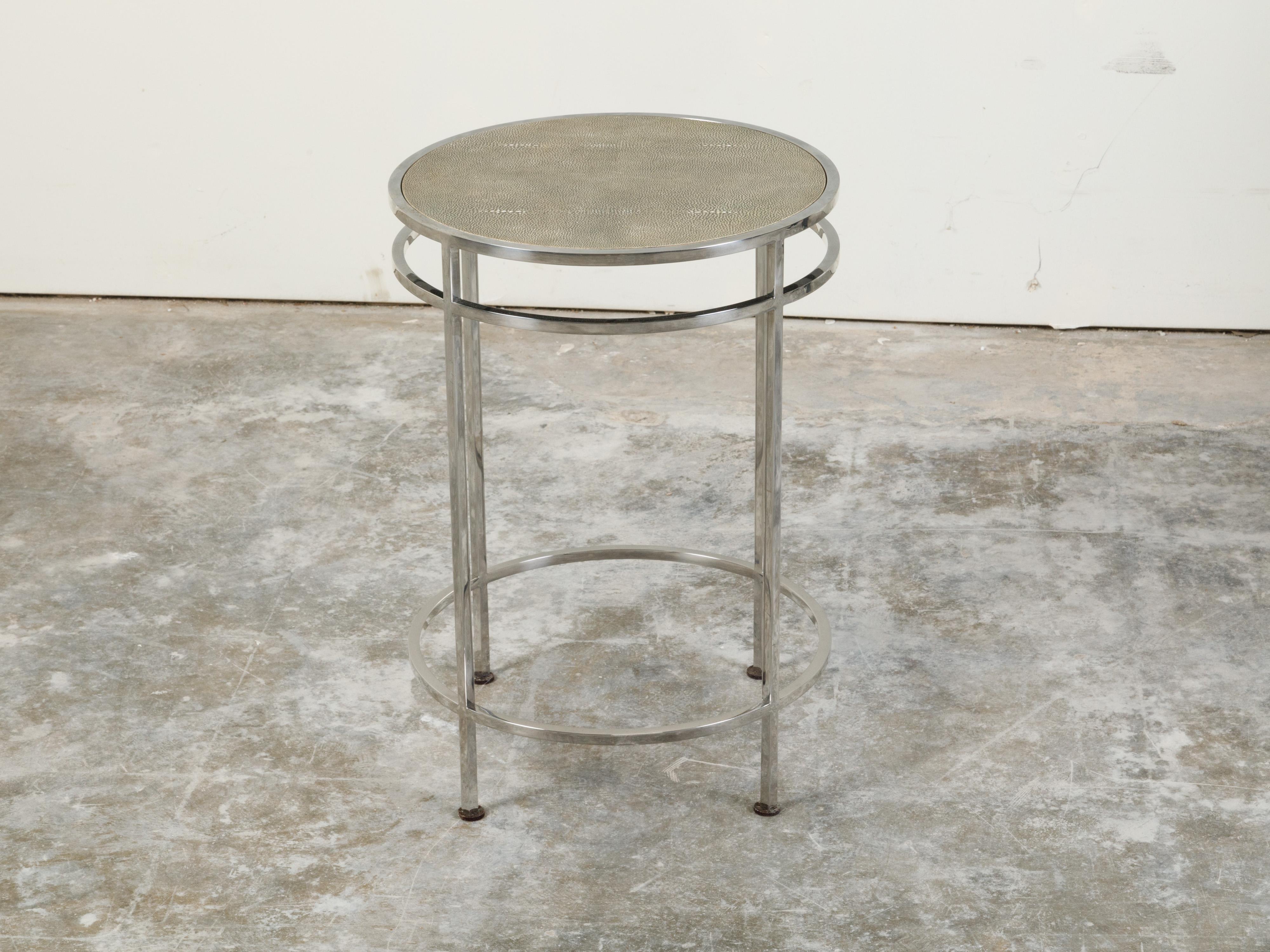 Italian Steel Side Table with Shagreen Covered Top and Circular Stretchers For Sale 1