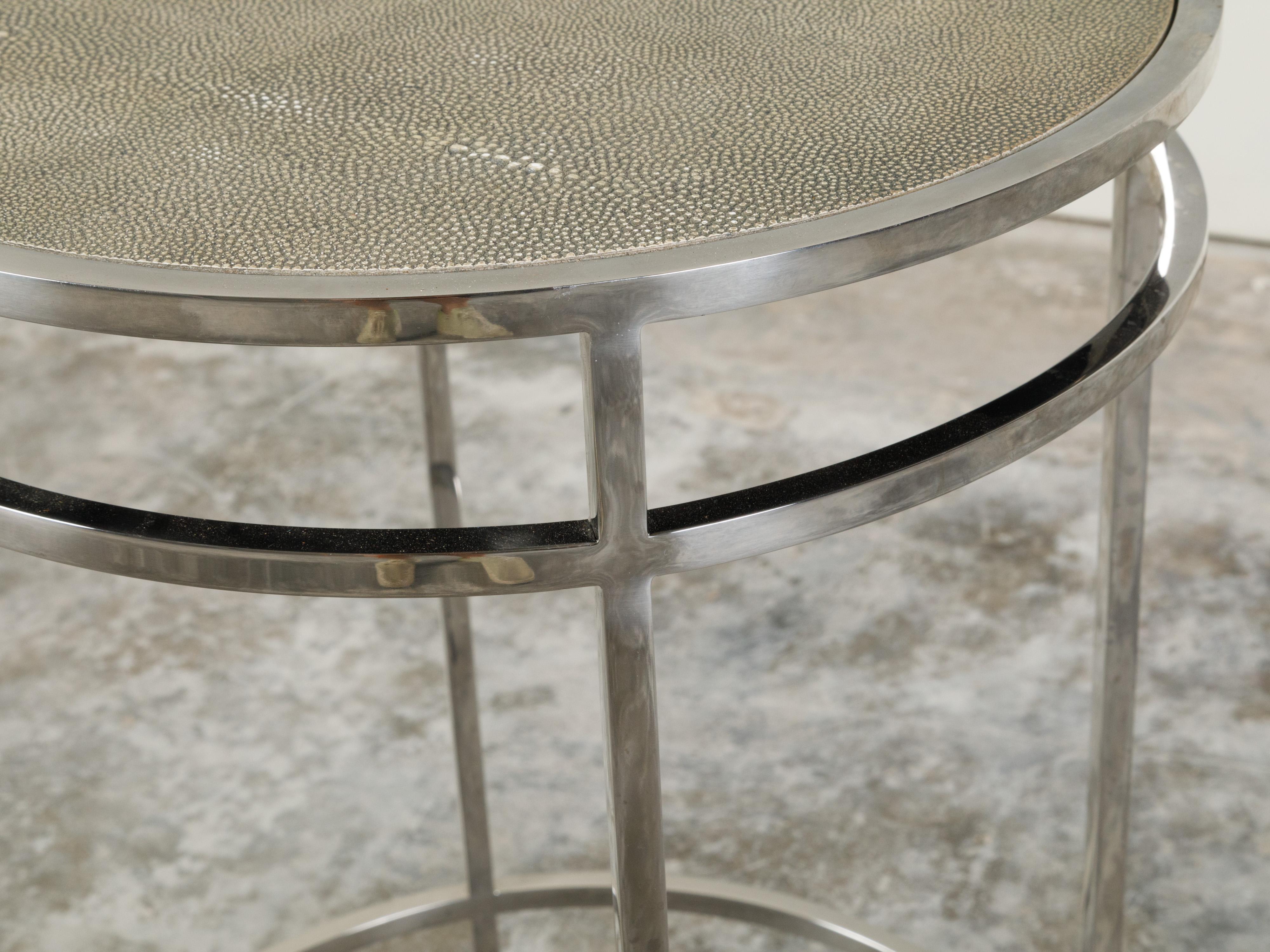 Italian Steel Side Table with Shagreen Covered Top and Circular Stretchers For Sale 2