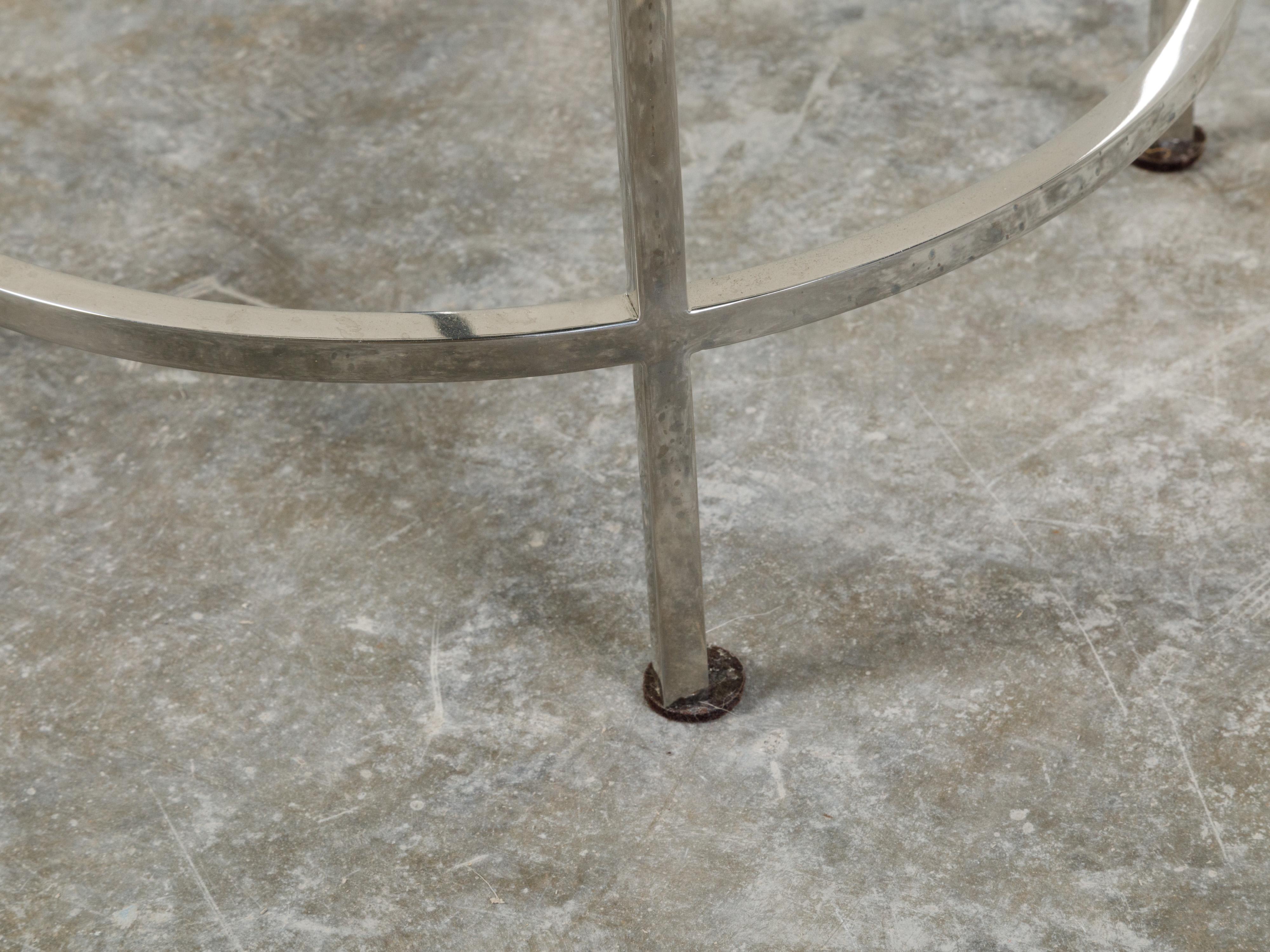 Italian Steel Side Table with Shagreen Covered Top and Circular Stretchers For Sale 3