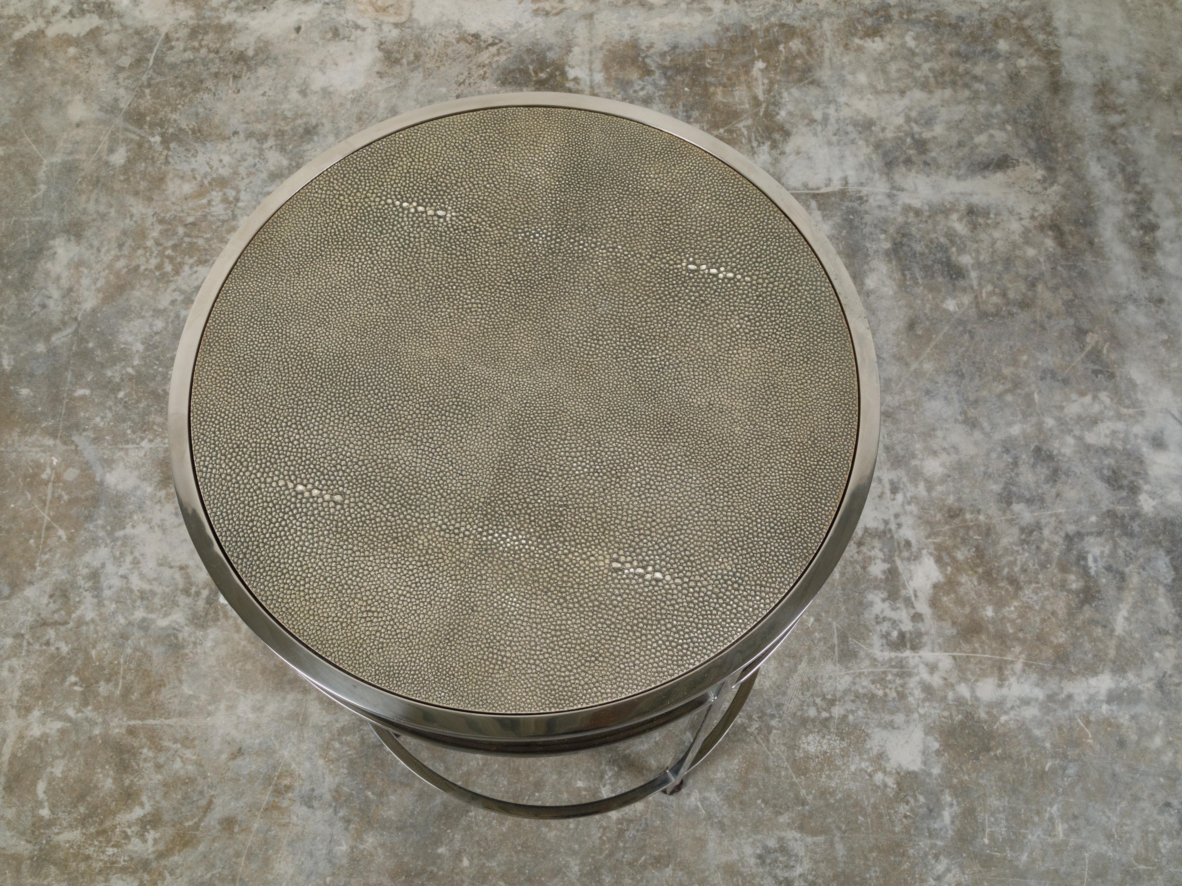 Italian Steel Side Table with Shagreen Covered Top and Circular Stretchers For Sale 4
