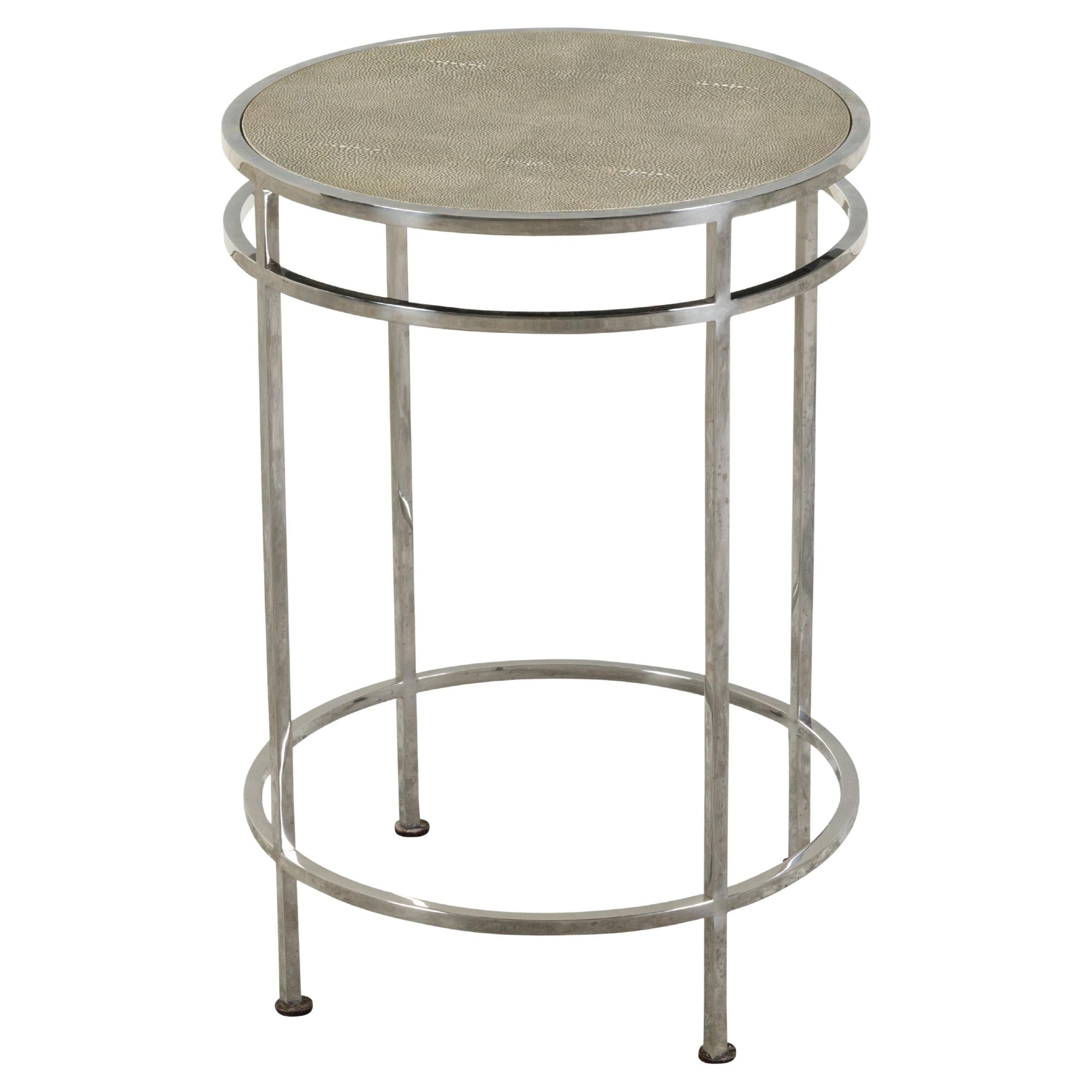 Italian Steel Side Table with Shagreen Covered Top and Circular Stretchers For Sale