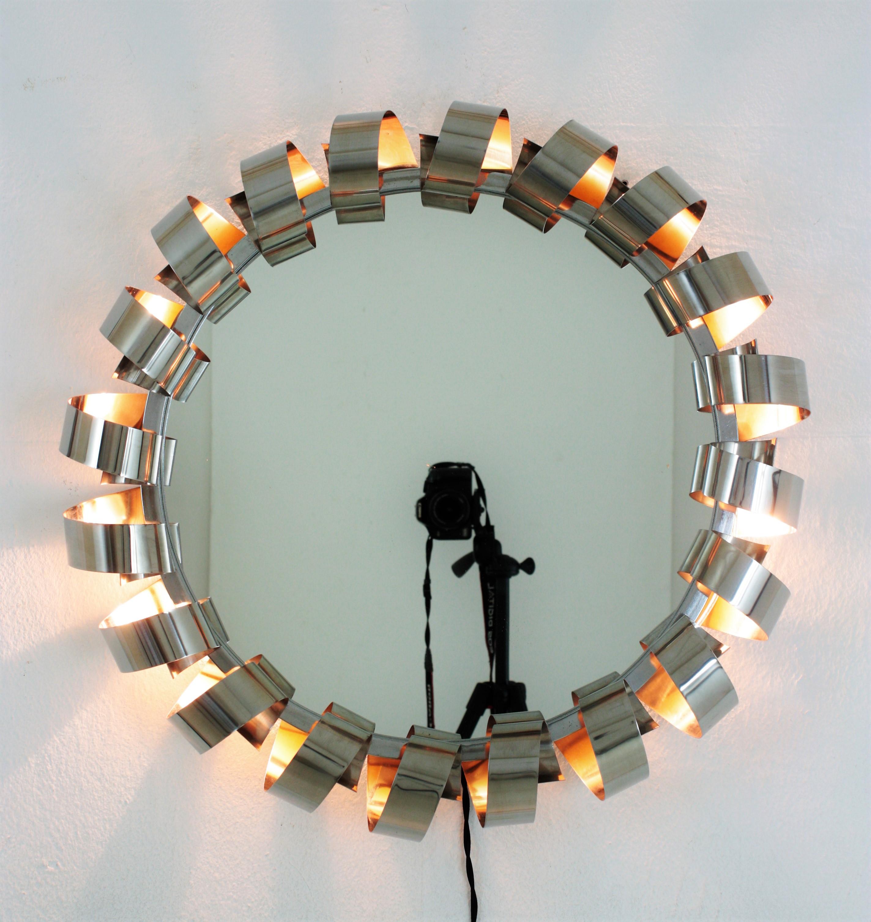 Italian Mid Century Spiral Backlit Wall Mirror in Steel For Sale 7