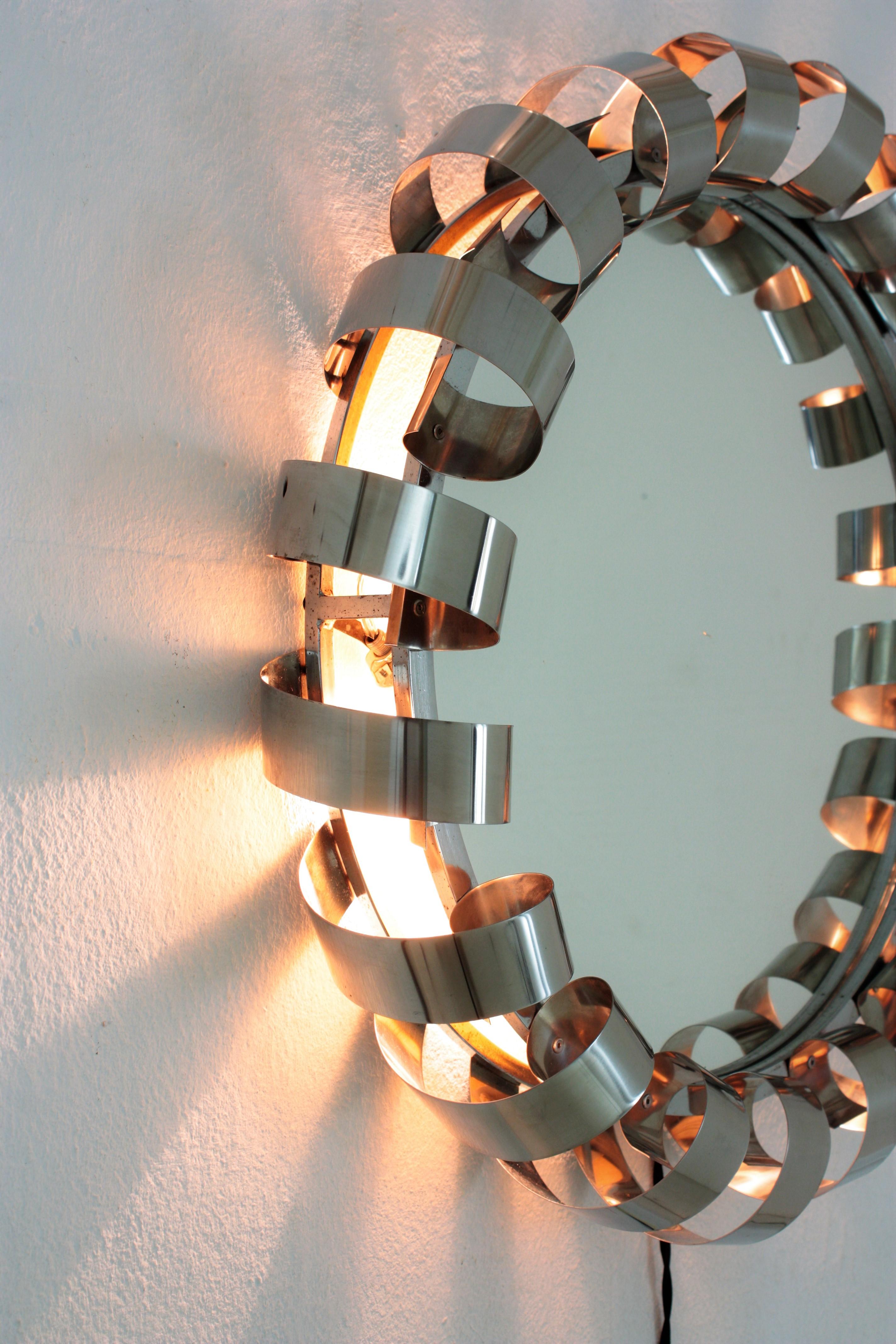 Italian Mid Century Spiral Backlit Wall Mirror in Steel For Sale 8