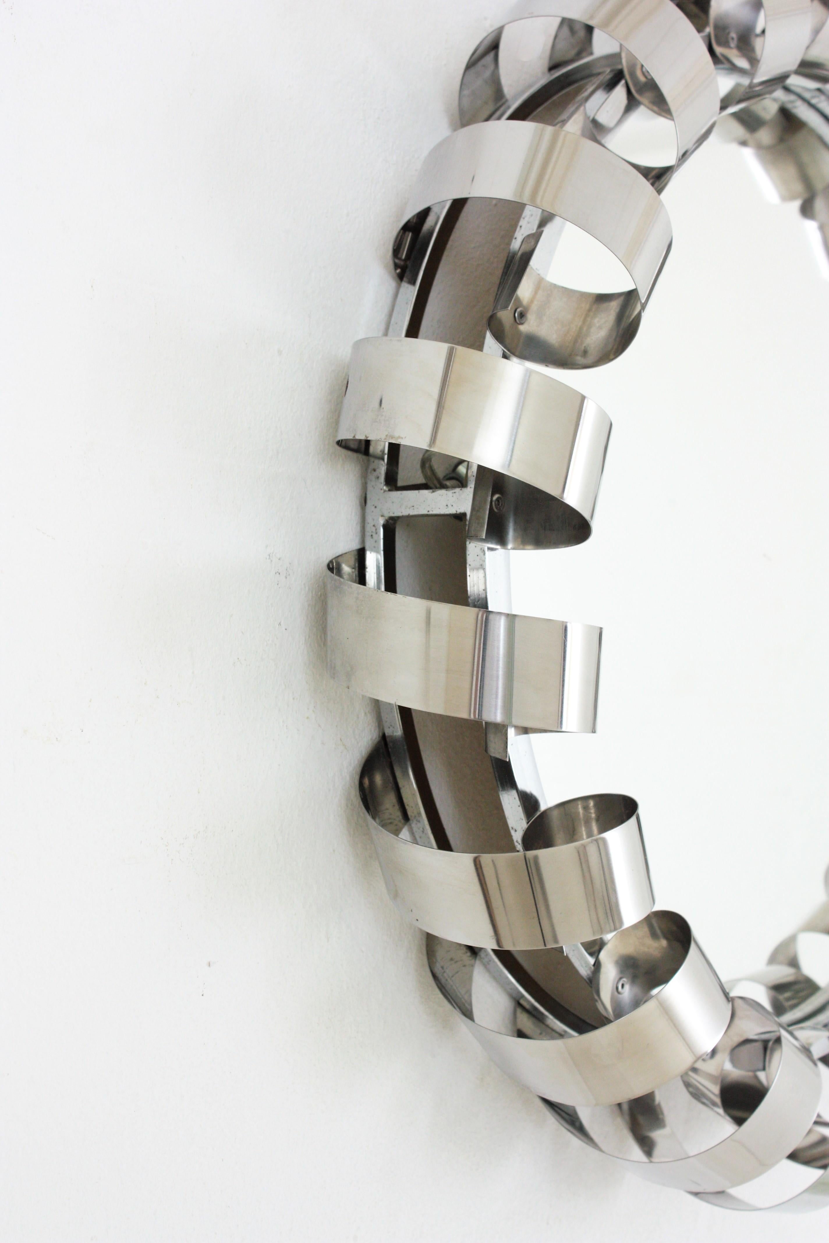 Metal Italian Mid Century Spiral Backlit Wall Mirror in Steel For Sale