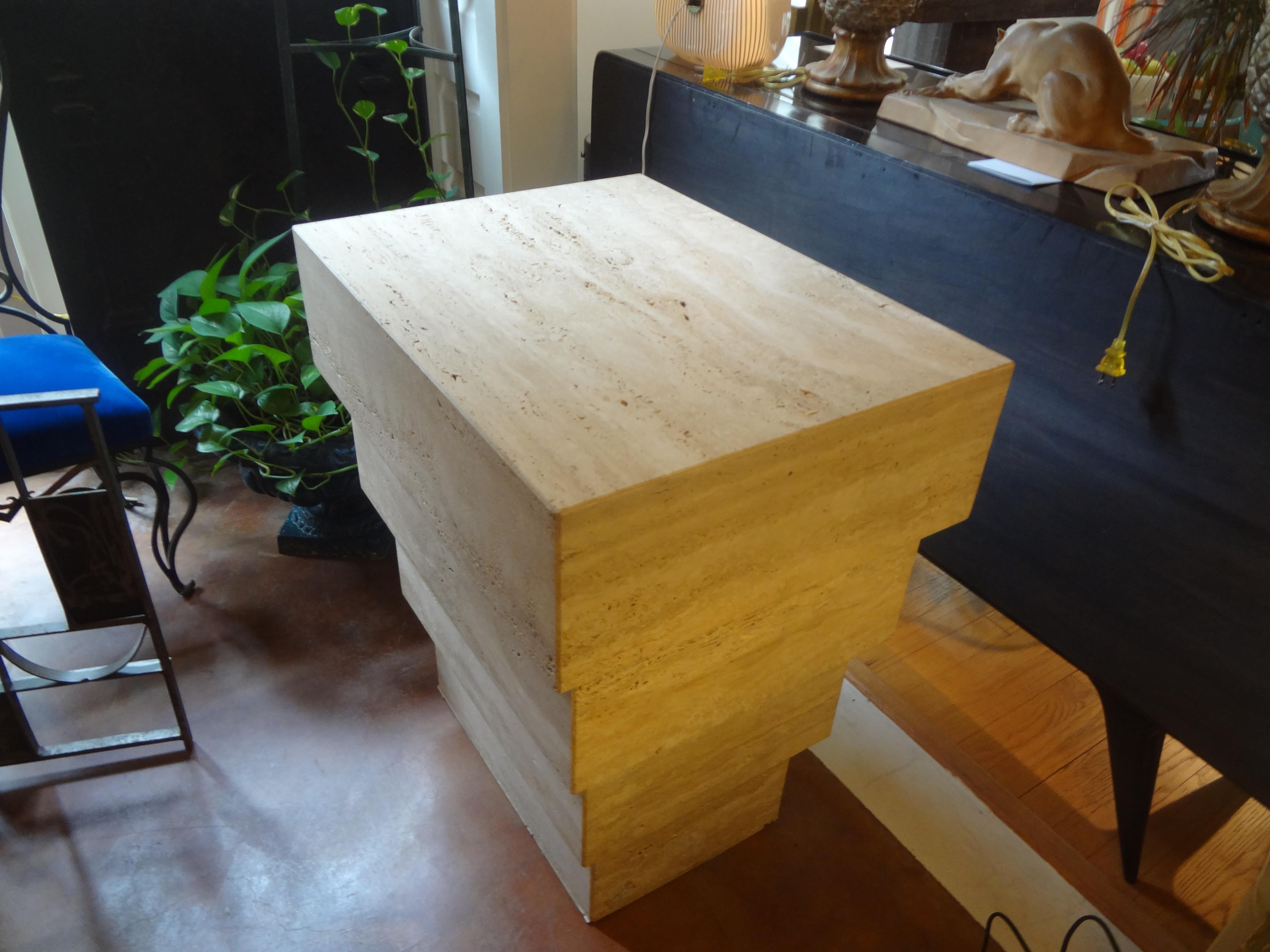 Italian Stepped Travertine Pedestal or Table Base After Angelo Mangiarotti 1