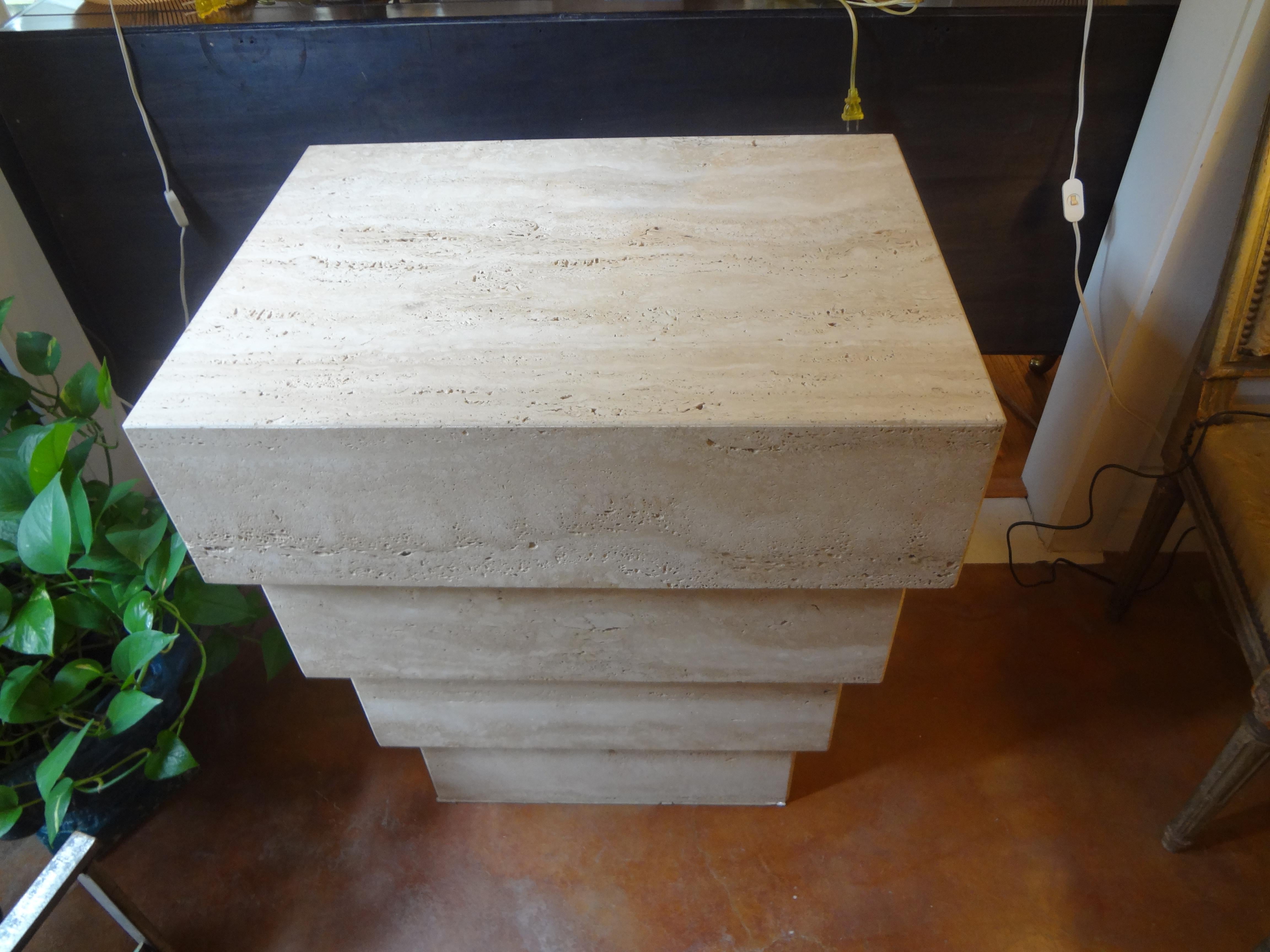 Italian Stepped Travertine Pedestal or Table Base After Angelo Mangiarotti In Good Condition In Houston, TX