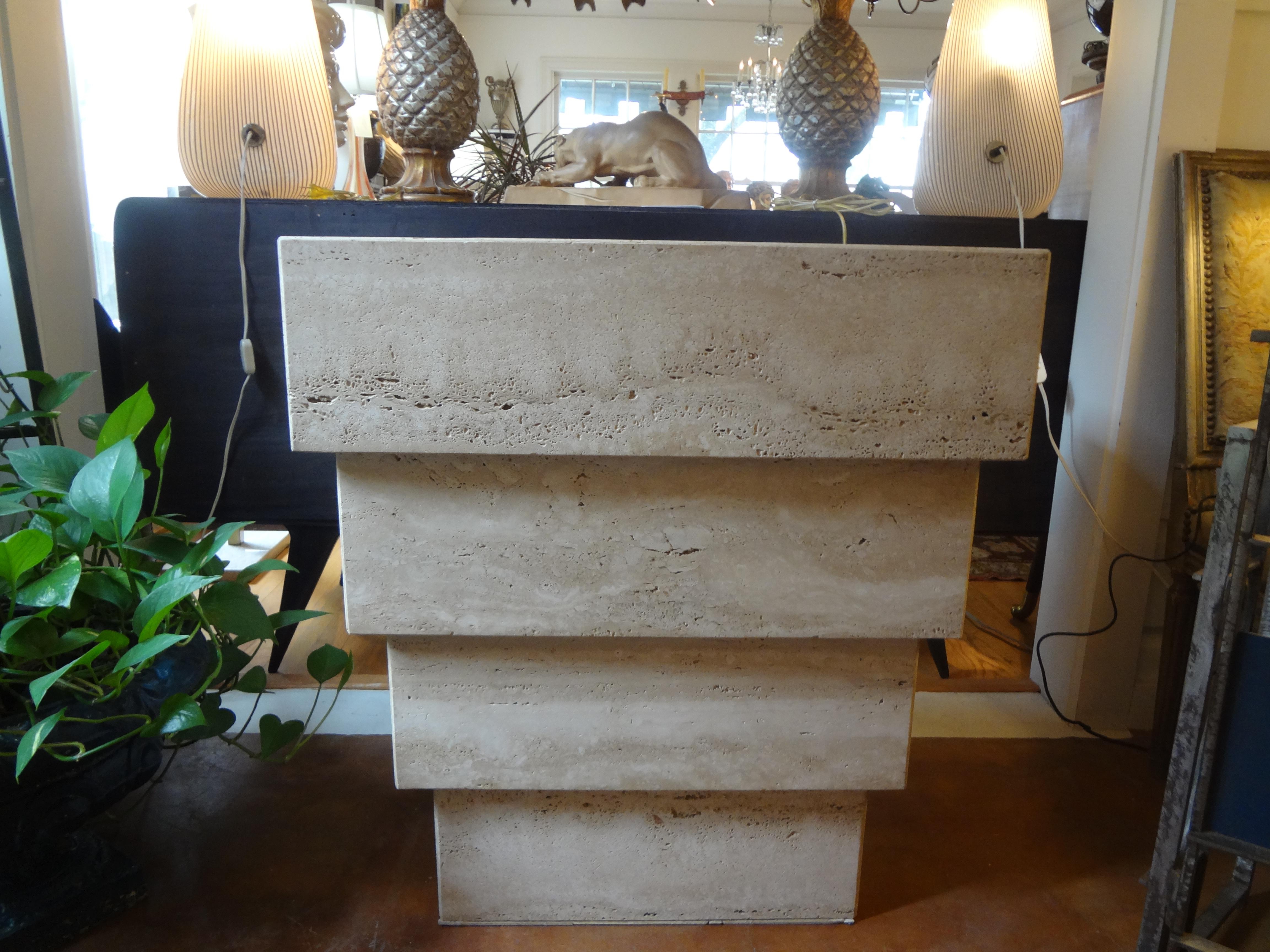 Italian Stepped Travertine Pedestal or Table Base After Angelo Mangiarotti 2