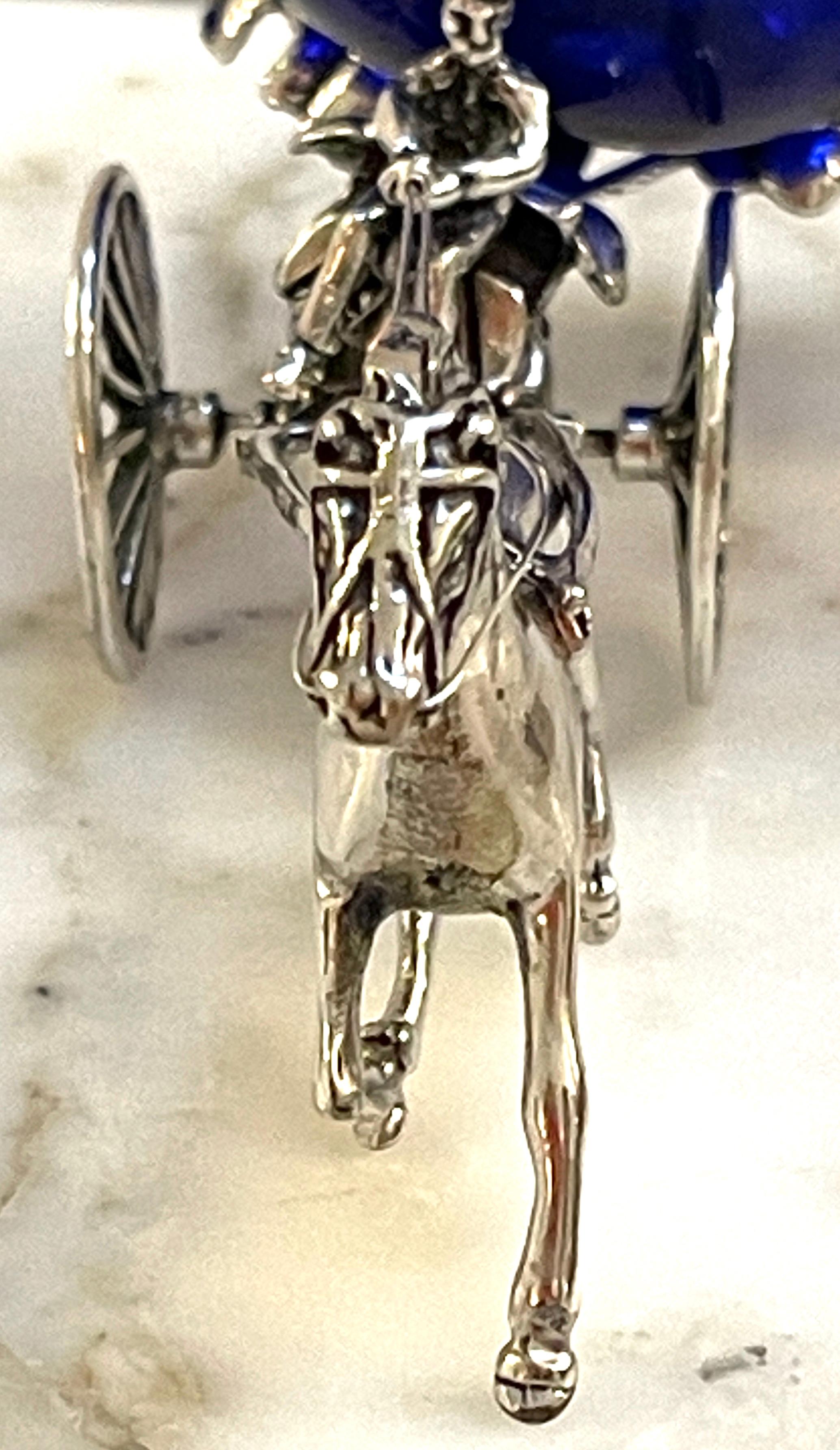 Neoclassical Italian Sterling and Cobalt Murano Glass Fantasy Model of a Horse & Carriage For Sale