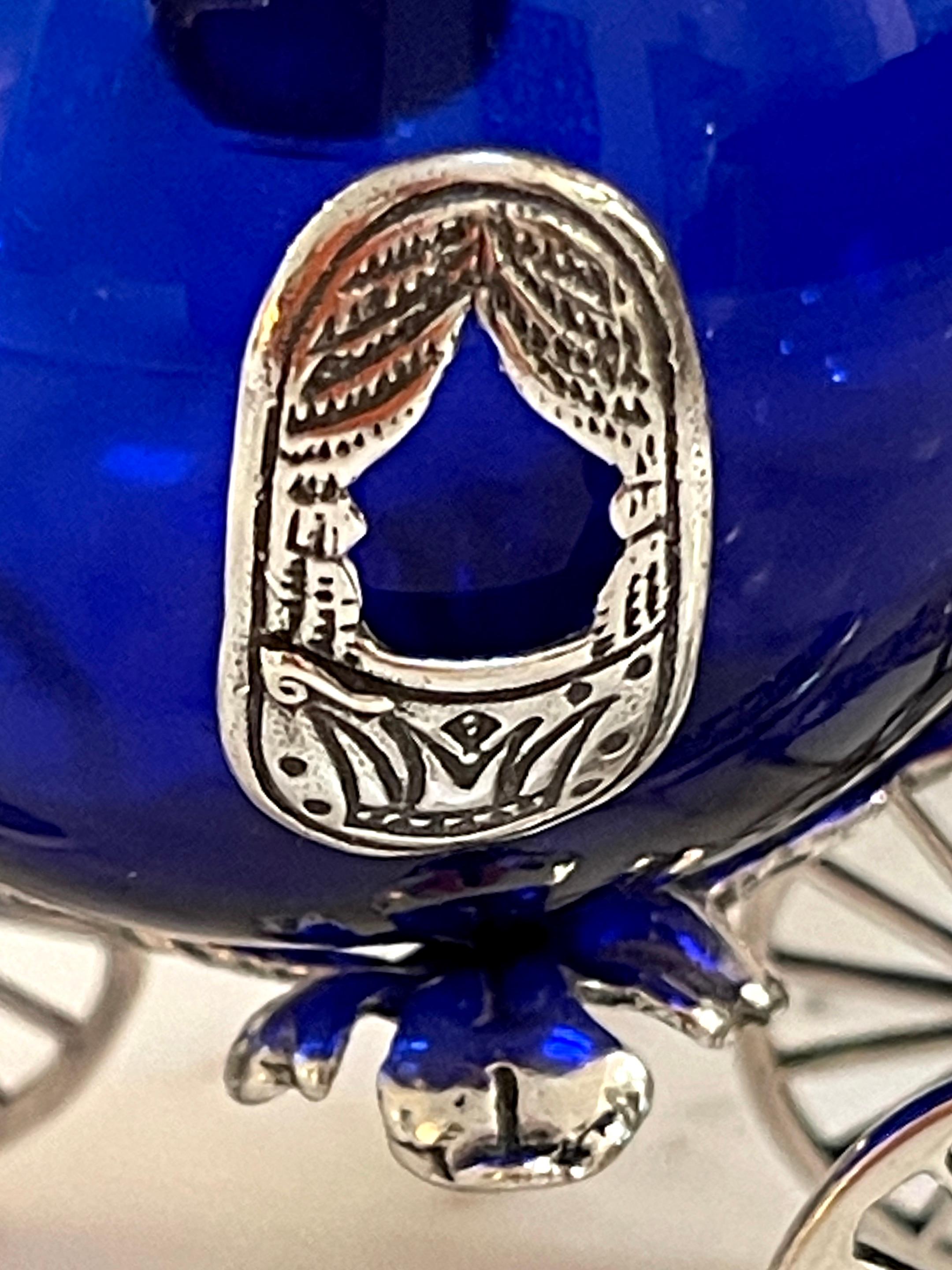 Sterling Silver Italian Sterling and Cobalt Murano Glass Fantasy Model of a Horse & Carriage For Sale