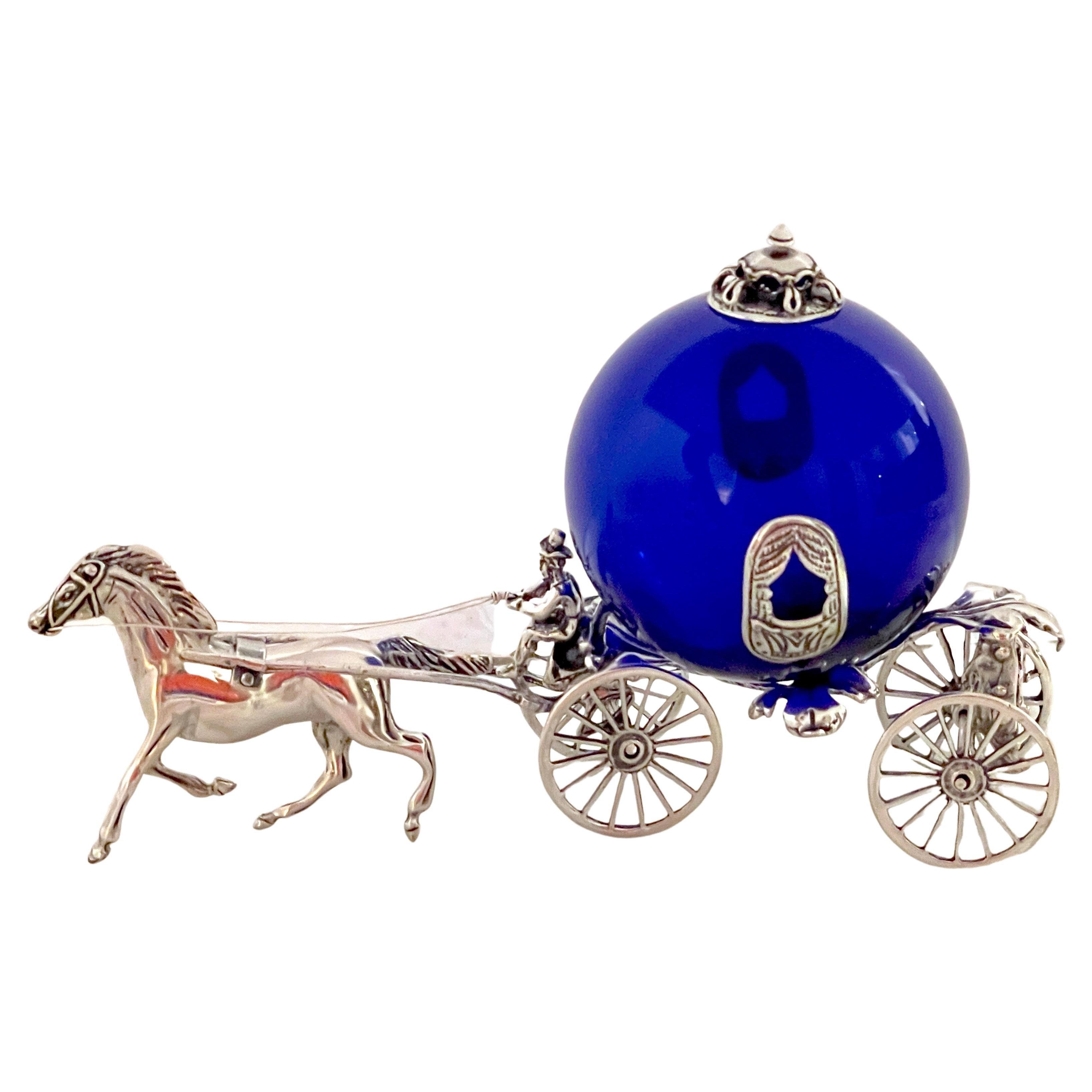 Italian Sterling and Cobalt Murano Glass Fantasy Model of a Horse & Carriage For Sale