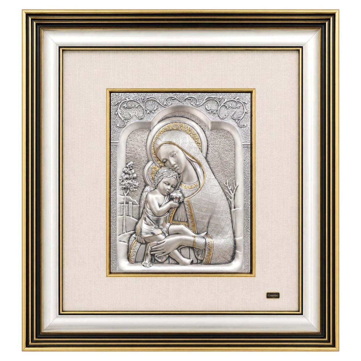 Plaque italienne en argent ciselée représentant la Vierge à l'Enfant, œuvre de Guerrini, argent 925