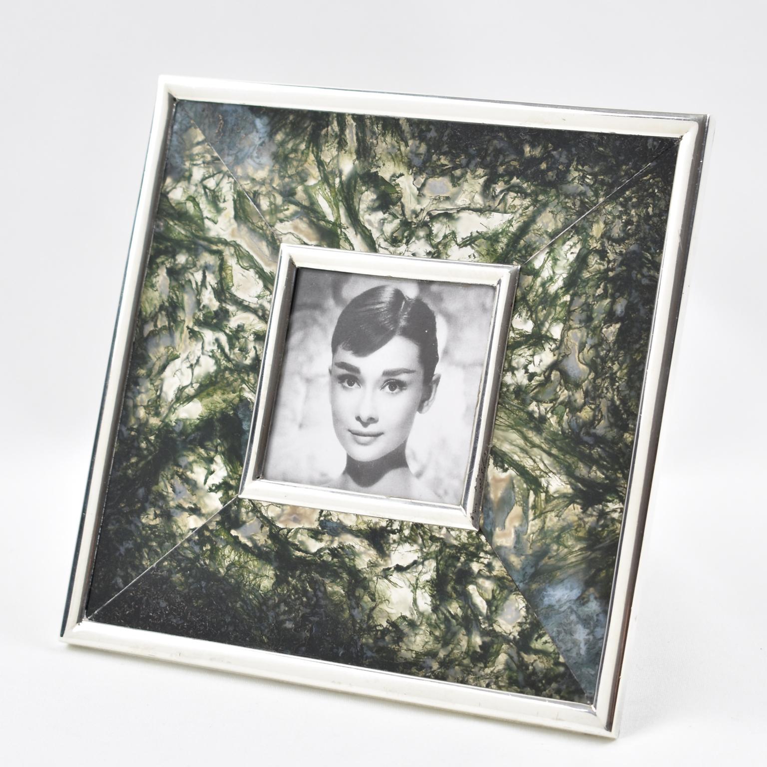 Lovely Italian design picture photo frame. Square shape with sterling silver framing compliment with thick slabs of green moss agate stone. Sterling silver easel at the back. Stamped 925 on the easel with master silversmith legal