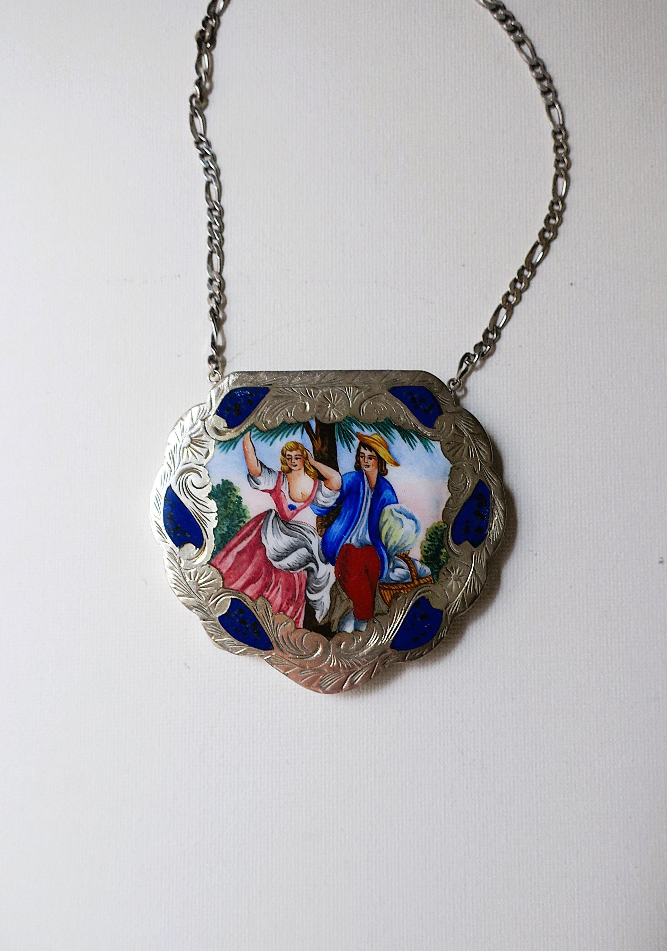 An Italian sterling silver and enamel box necklace with Regency design scene, circa late-19th century, Italy. Wear and carry one's pills (or other items) around neck in this beautiful 19th century Italian sterling silver and enamel box with enamel