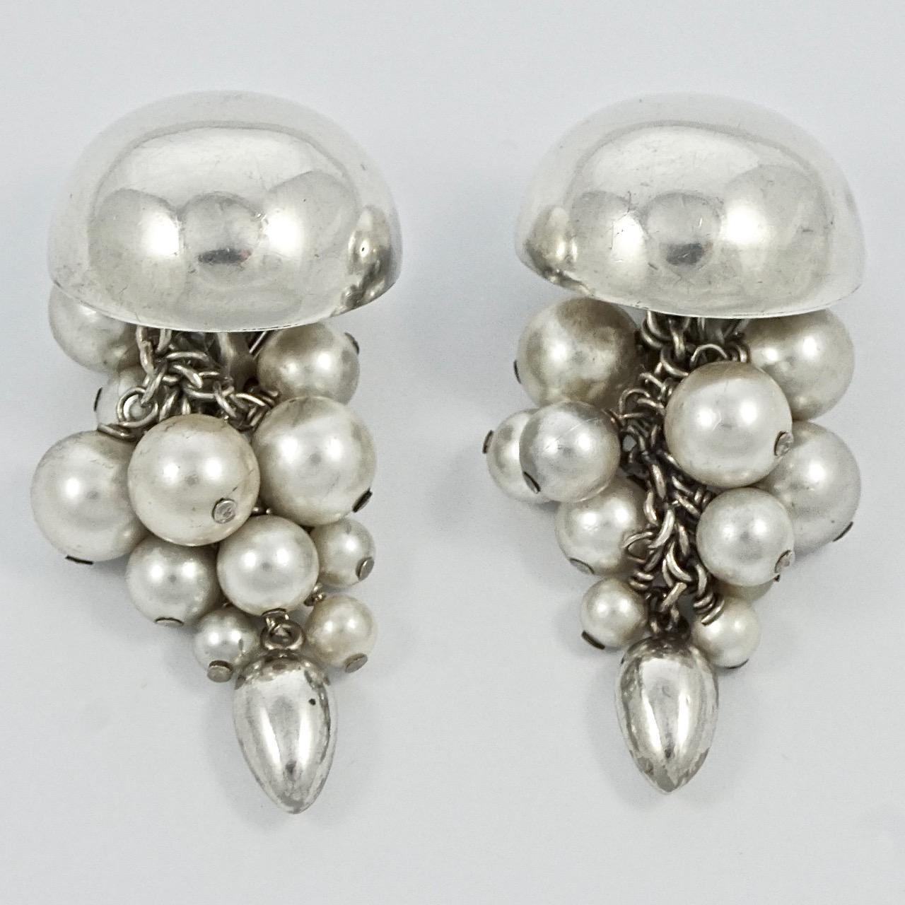 Jewellery Earrings Chandelier Earrings faux pearls gold tone ~ show stopper statement jewellery Fab dangle cluster grape pearl earrings vintage 1950's or 1960's new old stock 