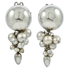 Vintage Italian Sterling Silver and Faux Pearl Grape Cluster Clip On Drop Earrings