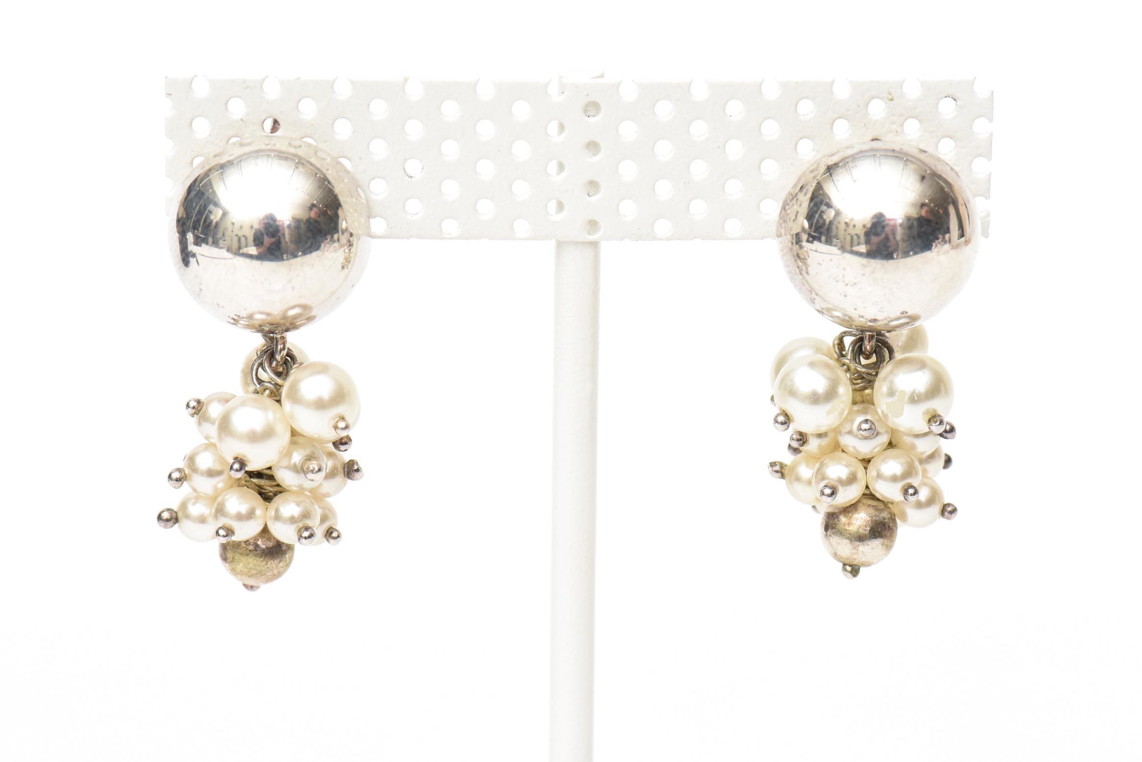 Modern Italian Sterling Silver and Pearl Cluster Dangle Pierced Earrings