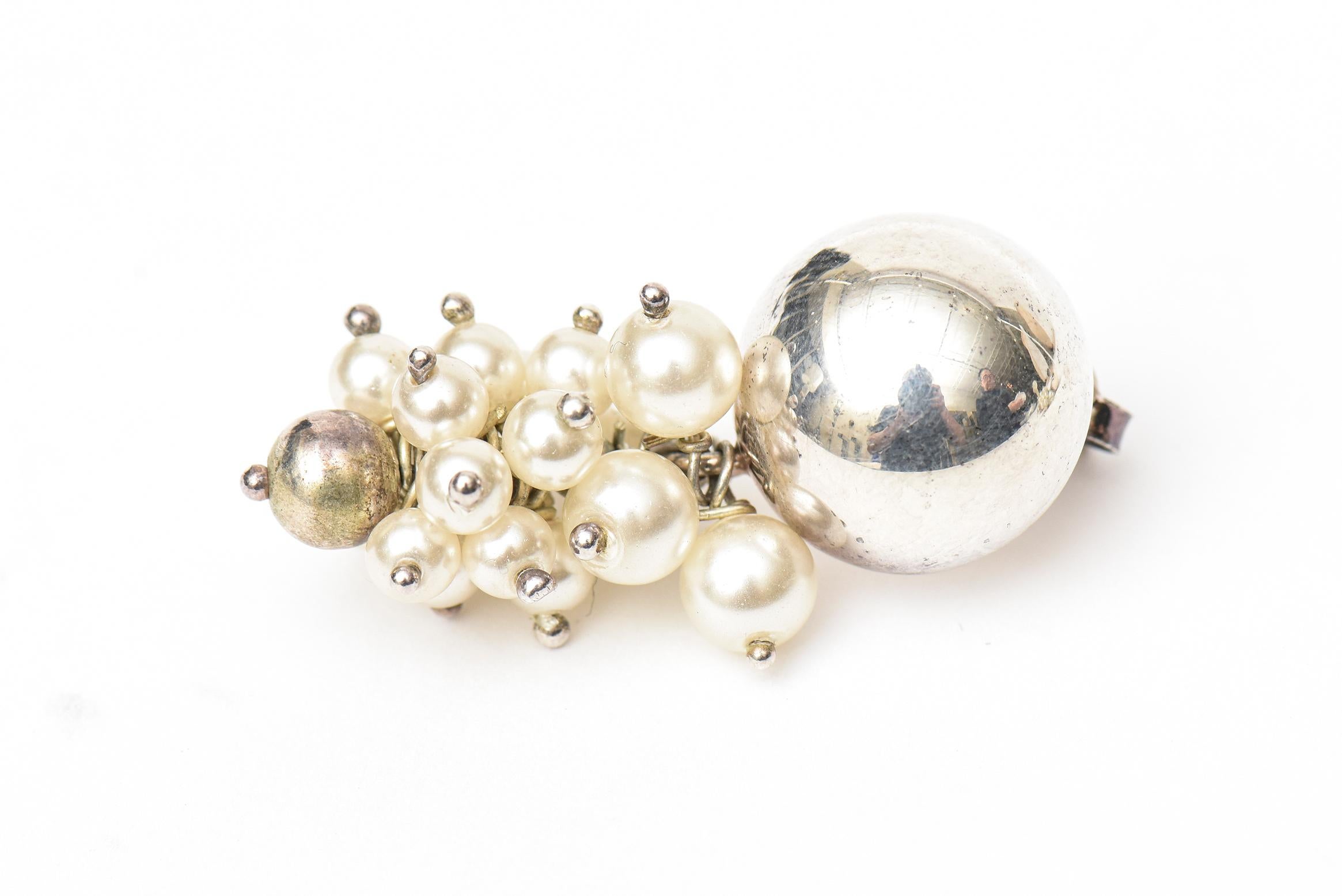 Ball Cut Italian Sterling Silver and Pearl Cluster Dangle Pierced Earrings