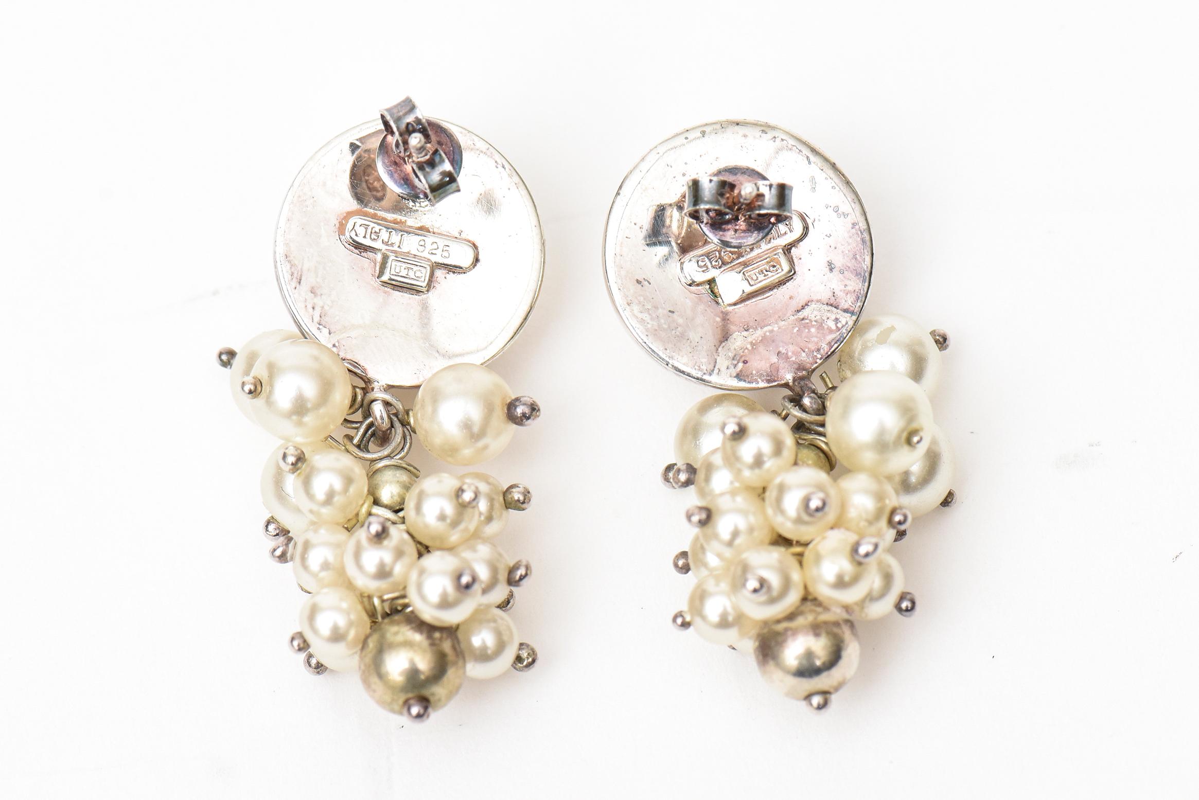 Women's Italian Sterling Silver and Pearl Cluster Dangle Pierced Earrings