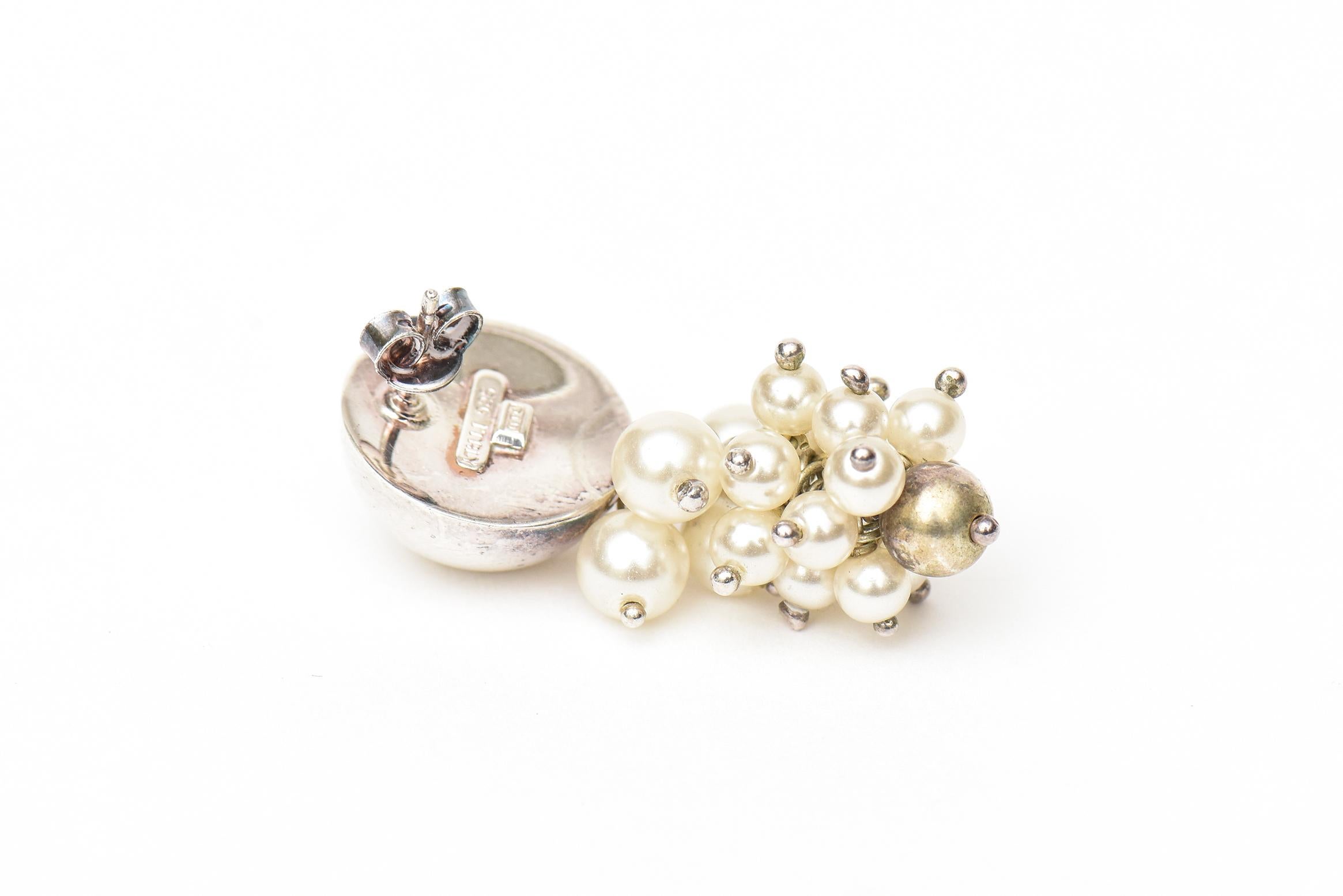 Italian Sterling Silver and Pearl Cluster Dangle Pierced Earrings 1
