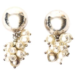 Italian Sterling Silver and Pearl Cluster Dangle Pierced Earrings