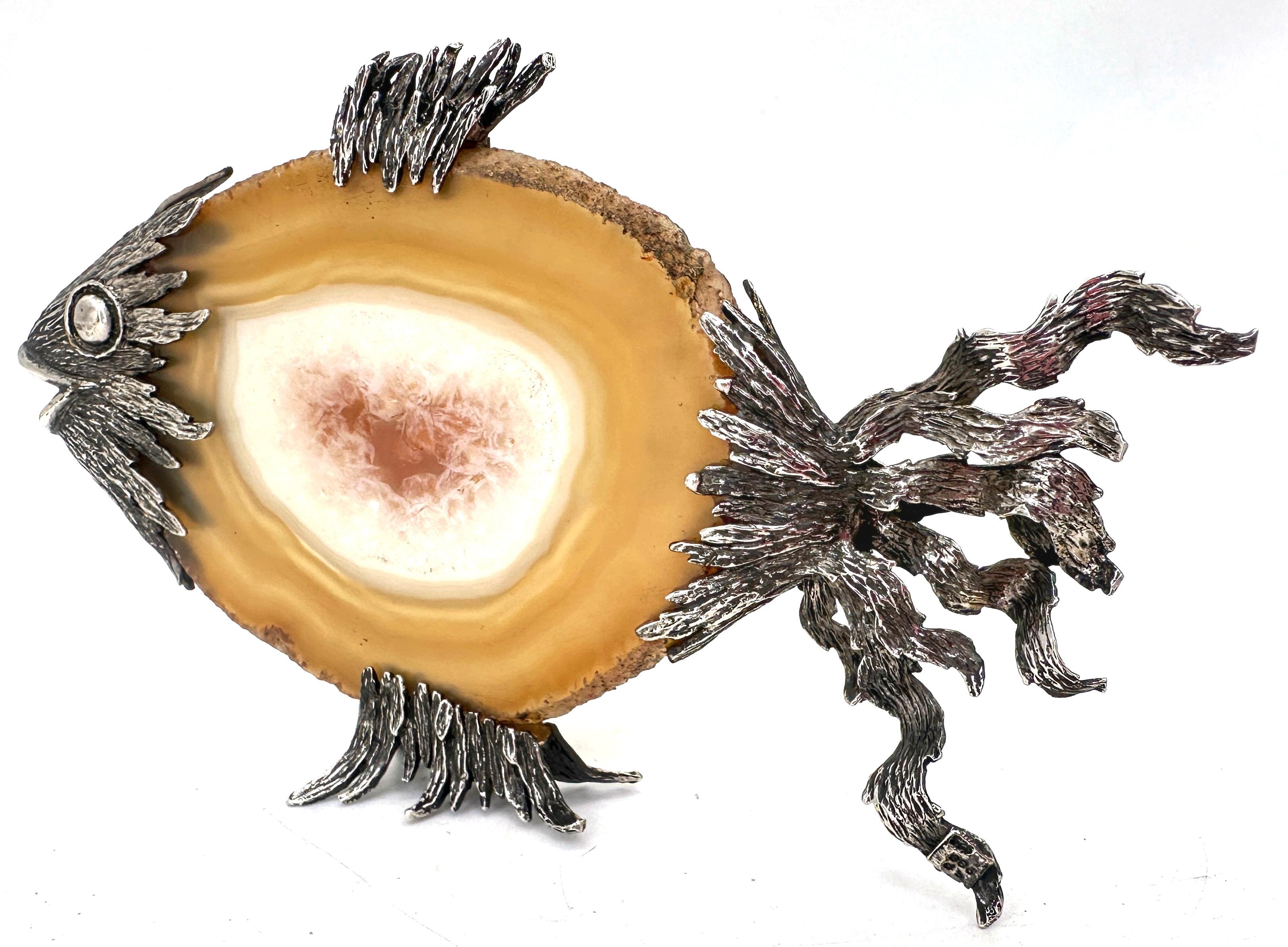 Scultura di pesce in argento sterling e agata lucidata, con marchio, anni '70 in vendita 4