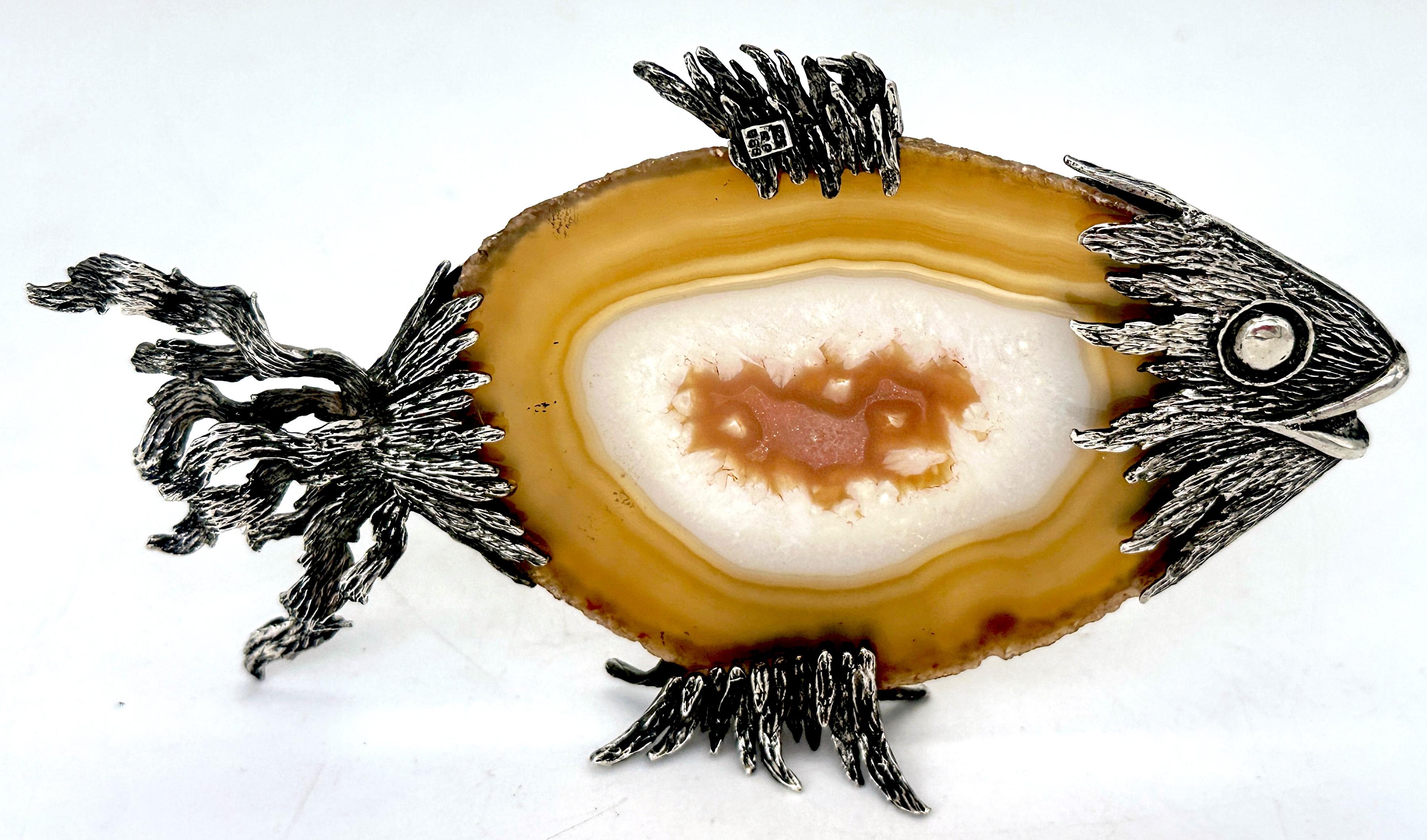 Scultura di pesce in argento sterling e agata lucidata, con marchio, anni '70 in vendita 5