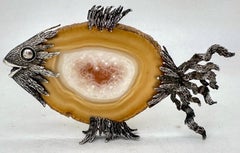 Italian Sterling Silver and Polished Agate Fish Sculpture, Hallmarked, 1970s